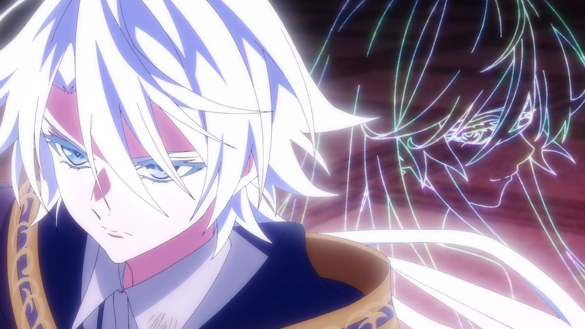 HD PC desktop wallpaper of Will Serfort (Wistoria: Wand and Sword): pale-haired close-up with a glowing, shadowy double and streaks of light in the background.