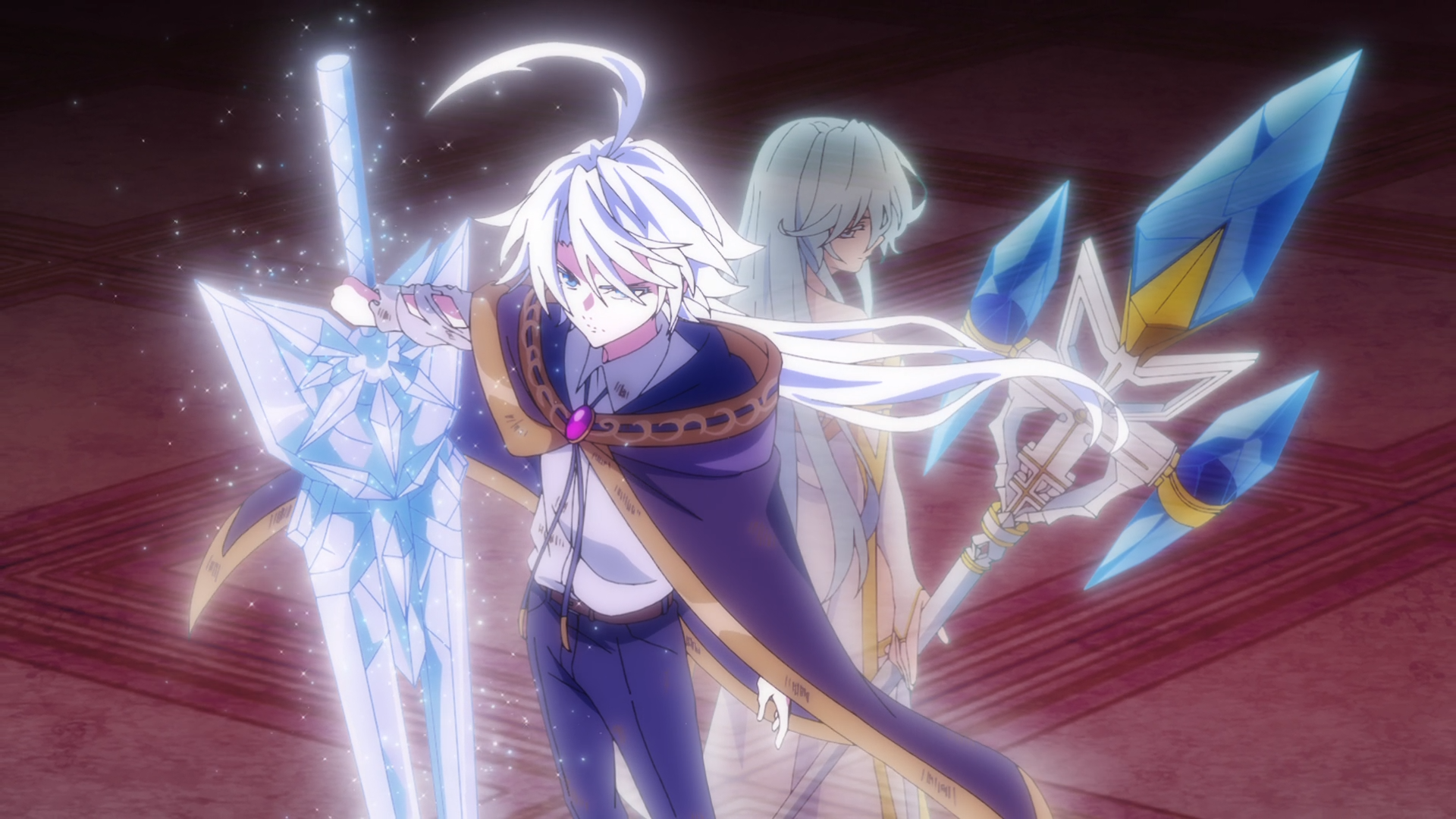 HD PC anime wallpaper from Wistoria: Wand and Sword — Will Serfort stands forward with Elfaria Alvis Serholt behind, both wielding glowing crystal-like weapons.