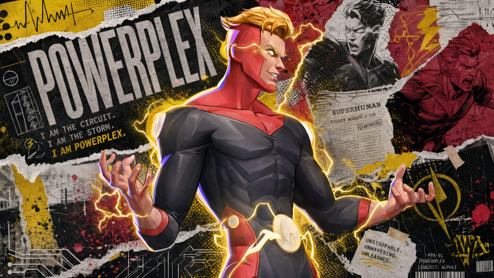 Powerplex 4K Ultra HD PC desktop wallpaper and background: comic-style superhero in red-black suit crackling with yellow lightning, newspaper collage and bold POWERPLEX typography.