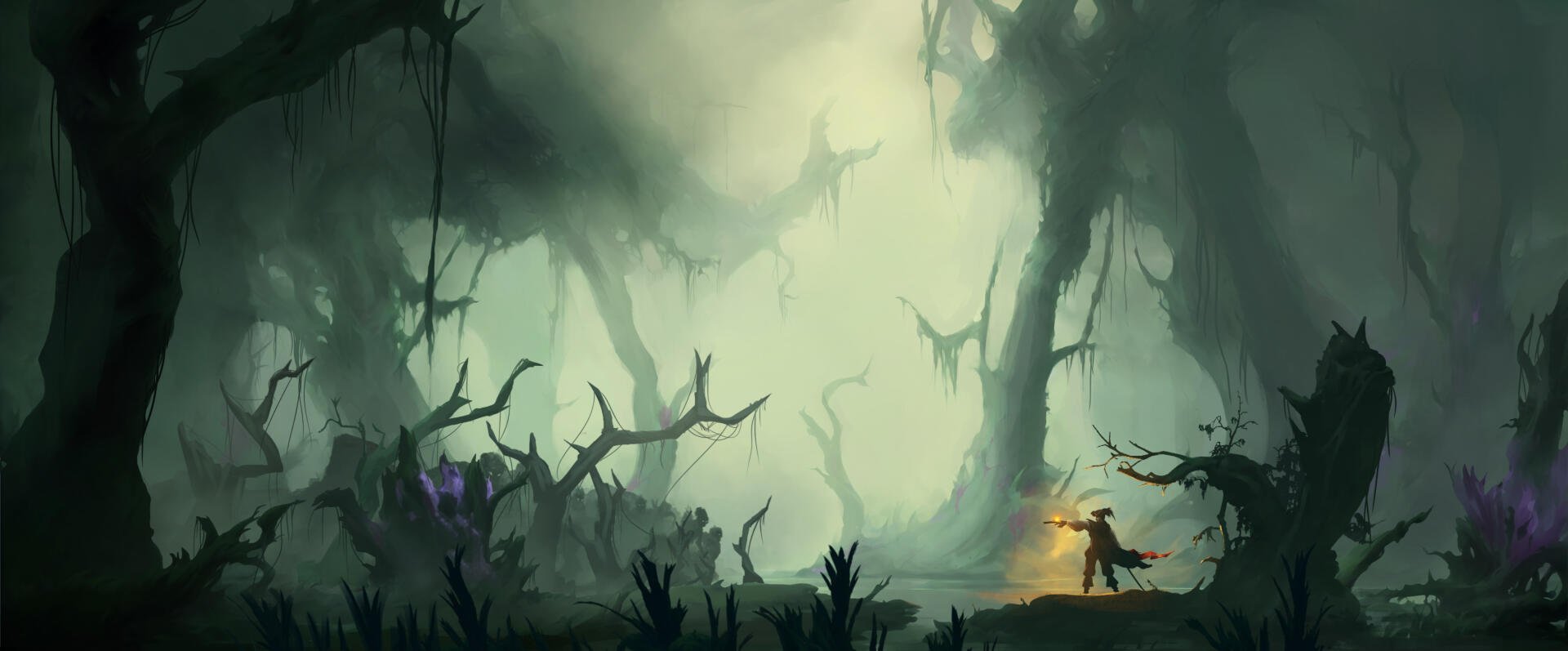 Windrose video game 2K Quad HD PC desktop wallpaper/background: misty, twisted forest silhouettes, lone explorer with torch confronting a shadowy creature amid glowing foliage.
