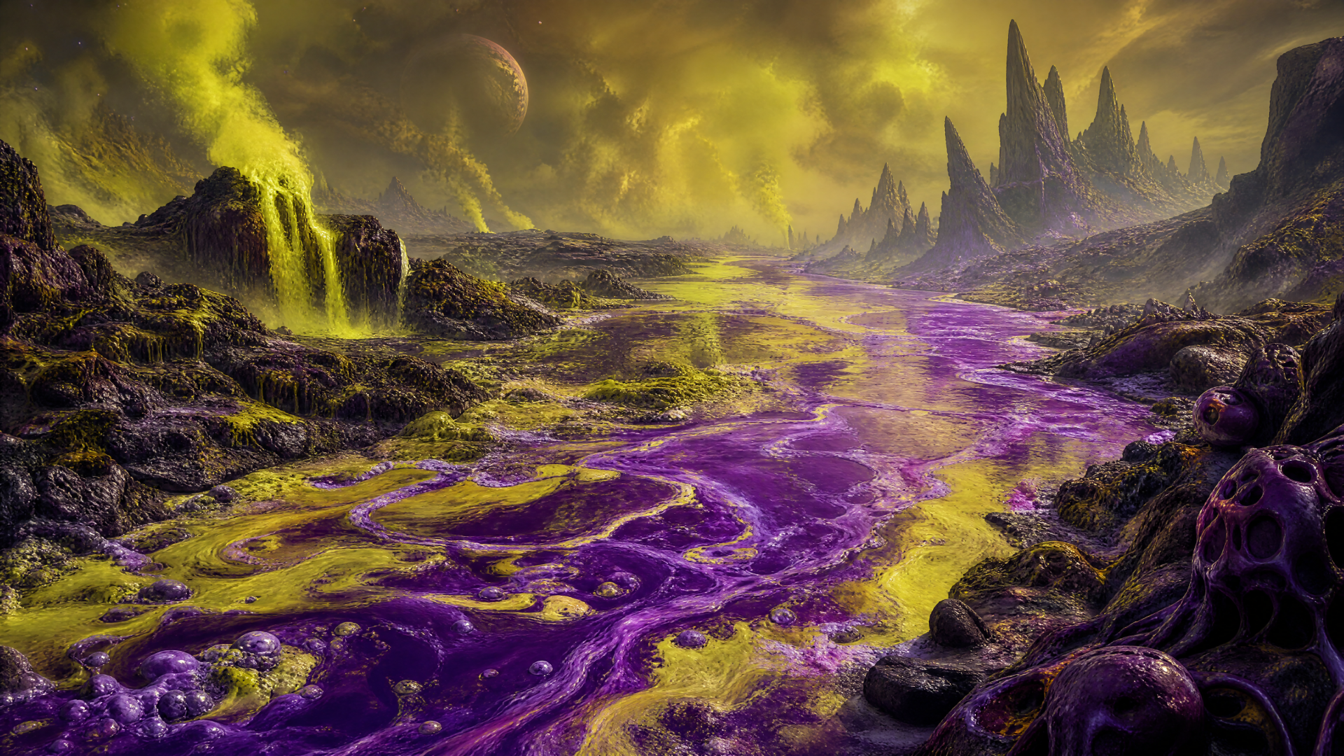 4K Ultra HD PC Desktop Wallpaper and Background: surreal alien landscape with a purple river winding through rocky terrain, neon yellow-green sky, jagged spires and distant moons.