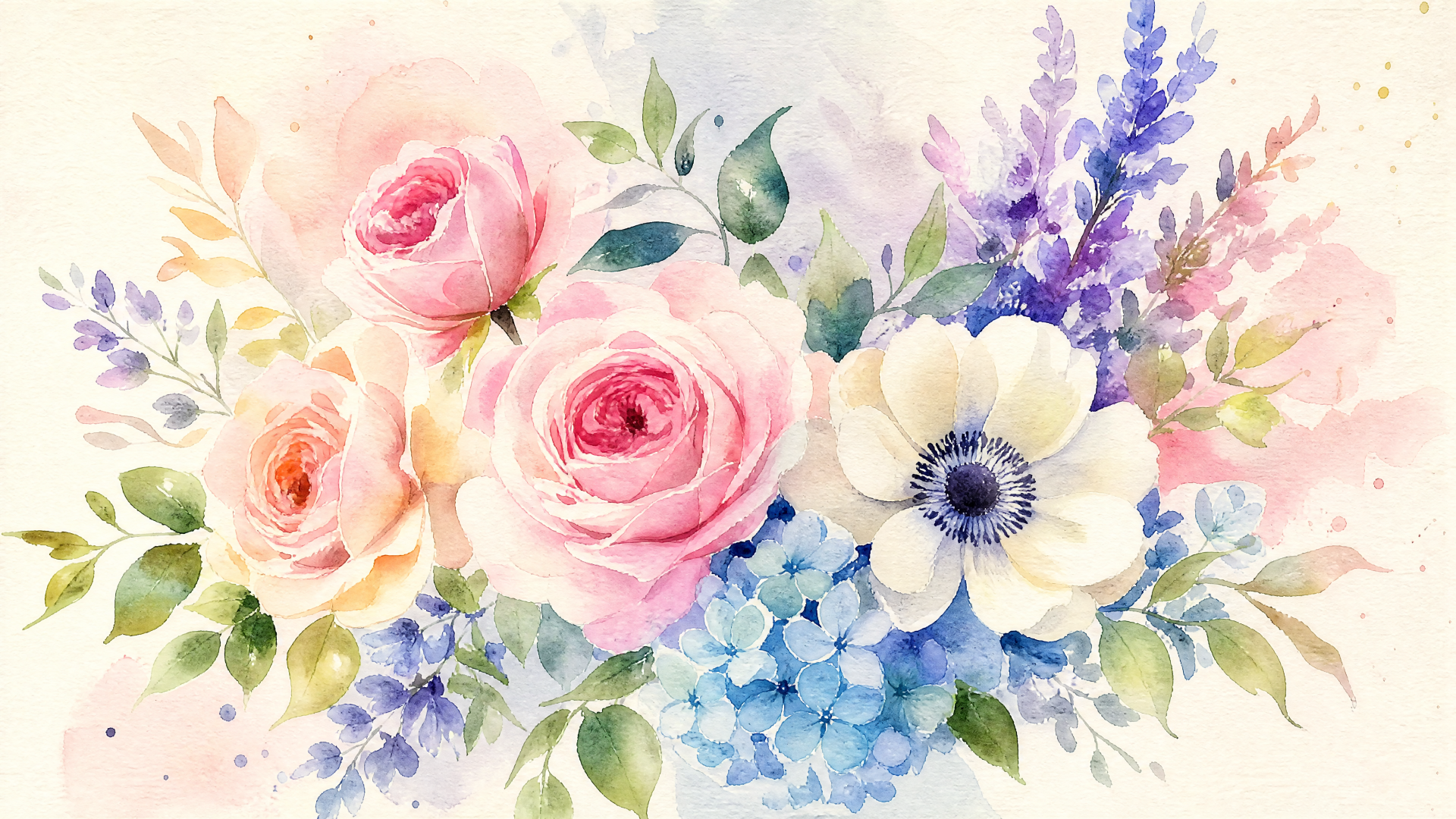 Watercolor floral bouquet of pink roses, blue hydrangea, a white anemone and lavender sprigs on a pastel wash — 4K Ultra HD PC desktop wallpaper and background.