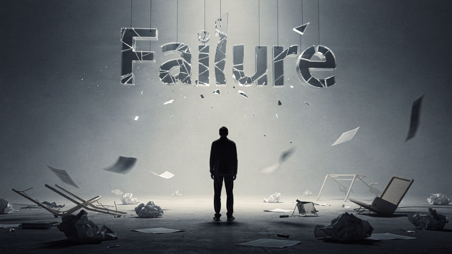 HD PC desktop wallpaper background: solitary silhouetted figure in a ruined room beneath a shattered Failure sign, conveying depression and desolation.