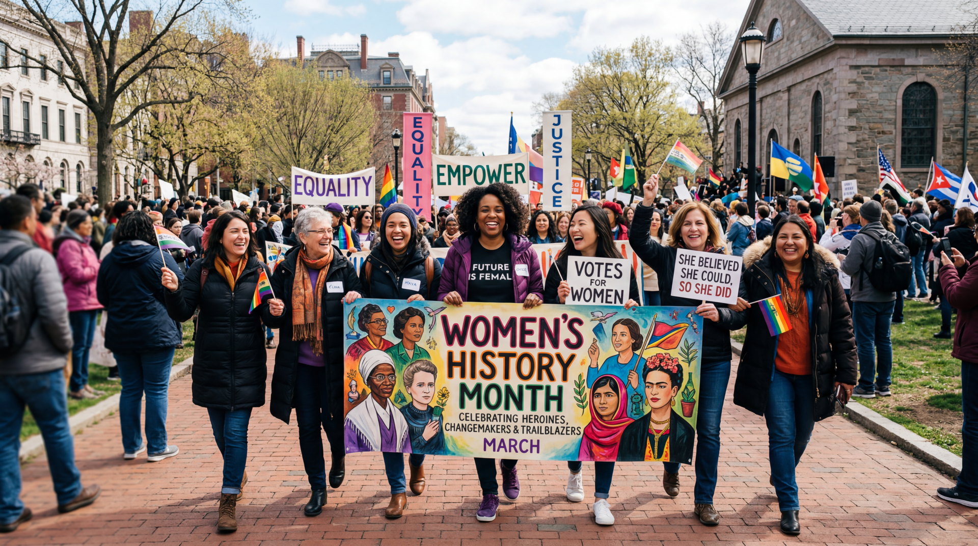 5K Ultra HD PC desktop wallpaper/background celebrating Women's History Month: diverse marchers carry a large banner and colorful signs reading Equality, Empower, and Votes for Women.