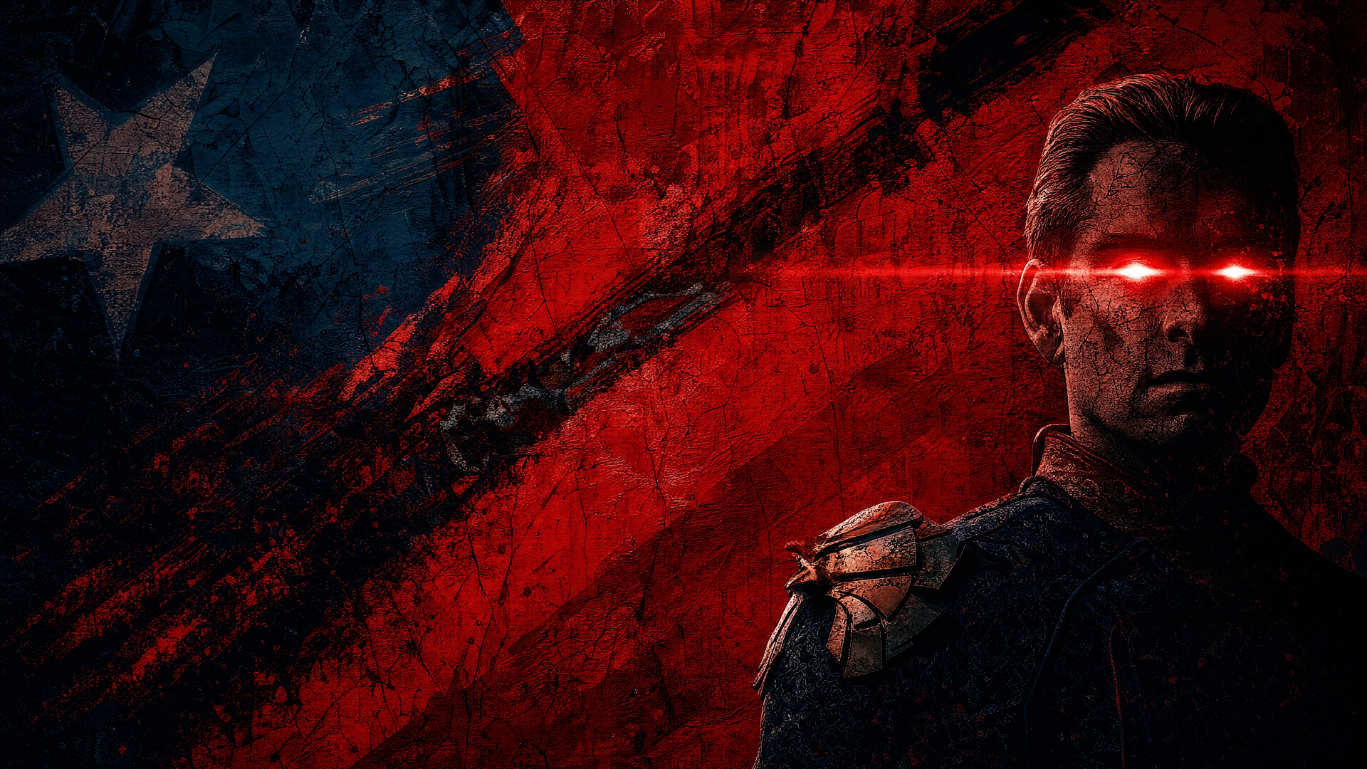 Homelander with glowing red eyes firing a laser over a torn American flag, dark dramatic 4K Ultra HD PC desktop wallpaper background.