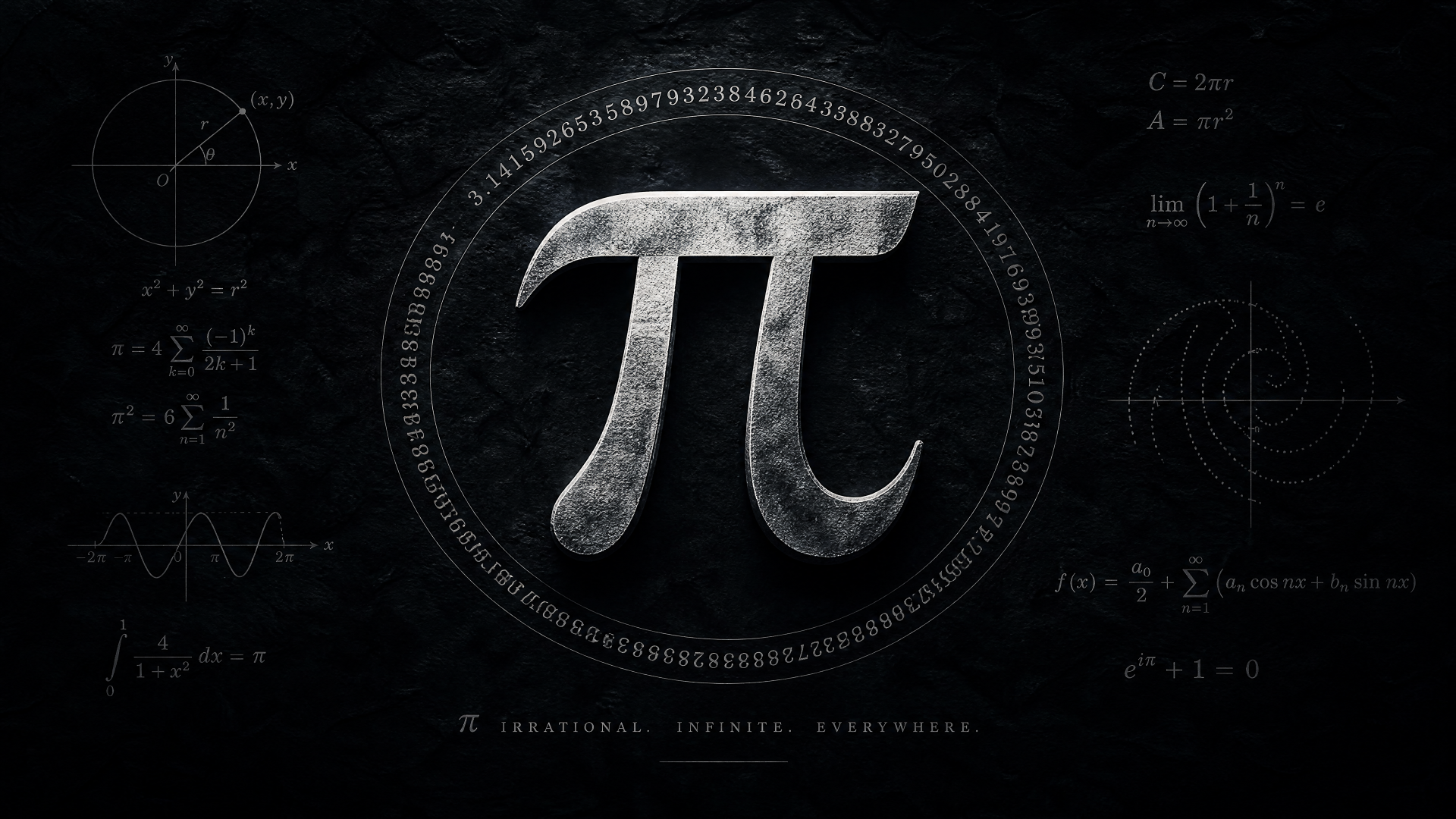 4K Ultra HD PC desktop wallpaper: metallic π symbol centered on a dark chalkboard background, encircled by digits of pi and scattered mathematical formulas.