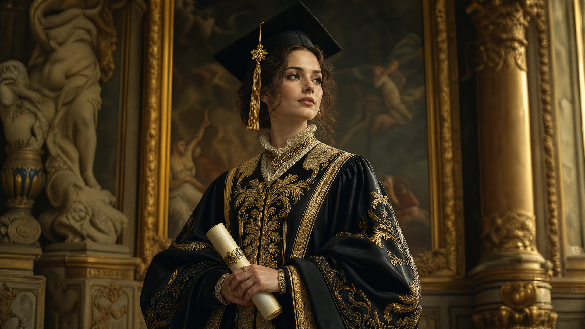 Regal graduate in ornate cap and gown holding a diploma before a gilded classical hall — 4K Ultra HD PC desktop wallpaper/background.