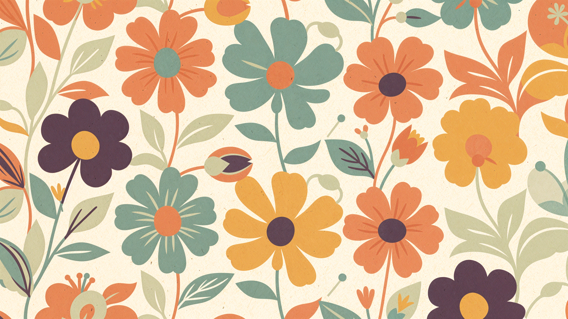 Retro floral pattern of muted orange, teal, yellow and purple blooms with green leaves on a cream background — 4K Ultra HD PC desktop wallpaper and background.