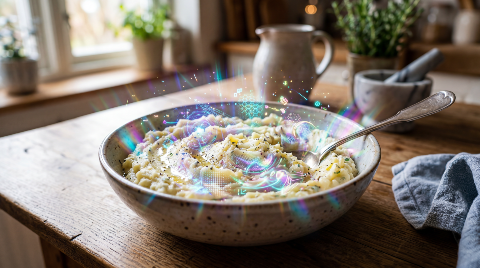 Close-up of creamy mashed potatoes garnished with herbs in a bowl on a wooden table with an iridescent sparkle overlay — 5K Ultra HD PC desktop wallpaper and background.