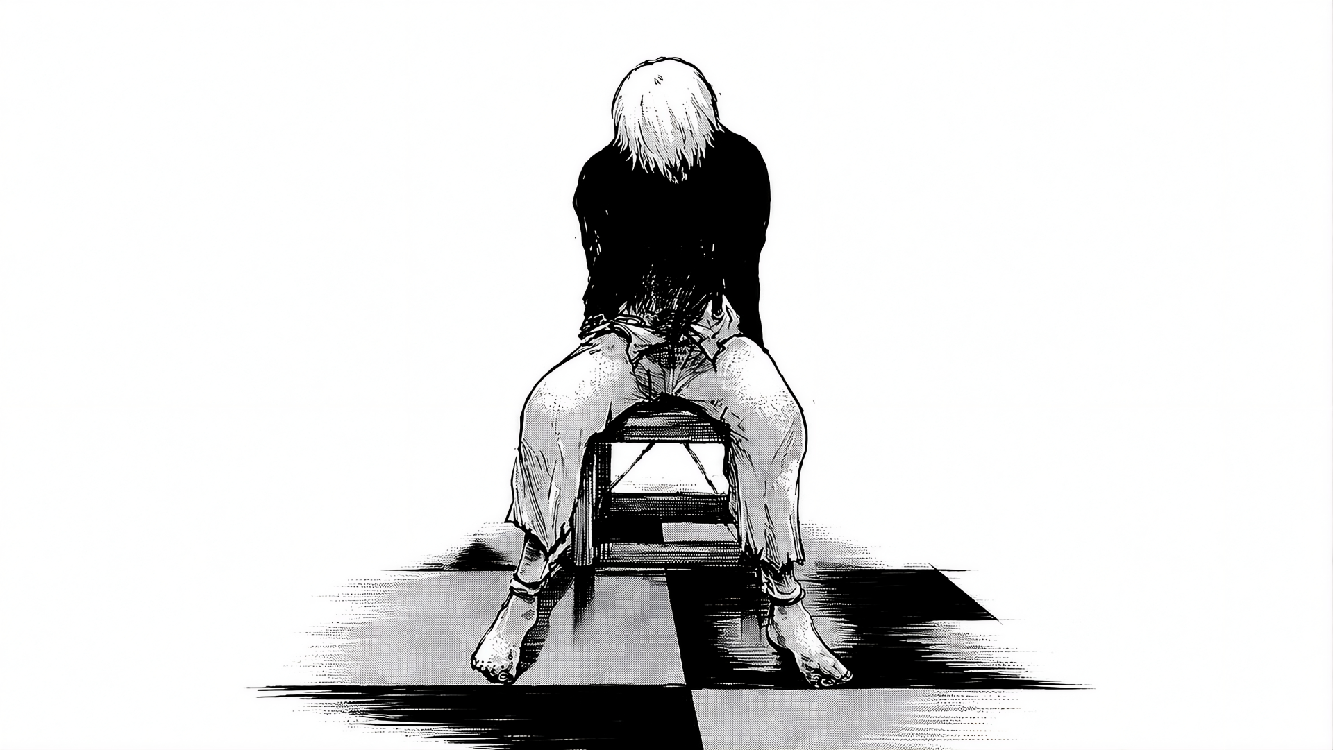 Tokyo Ghoul 5K Ultra HD desktop wallpaper: white-haired figure slumped on a chair in a black top and torn pants, stark monochrome art over a fragmented checkered floor.