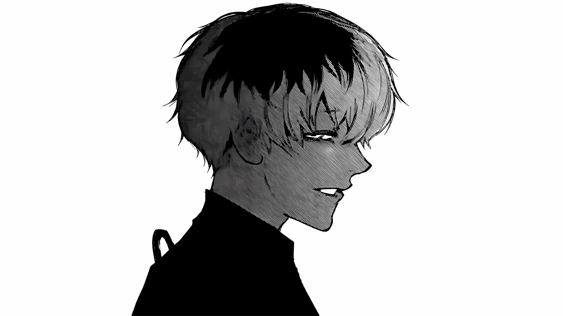 Monochrome profile of a Tokyo Ghoul:re character with two-tone hair and a subtle, sinister smile — 5K Ultra HD PC desktop wallpaper/background.