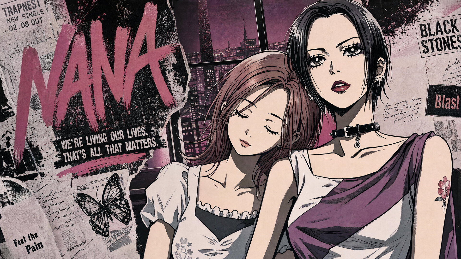 Nana anime 4K Ultra HD PC desktop wallpaper: two young women—one dark-haired with a choker, the other leaning on her shoulder—grungy city background with butterfly and large NANA logo.