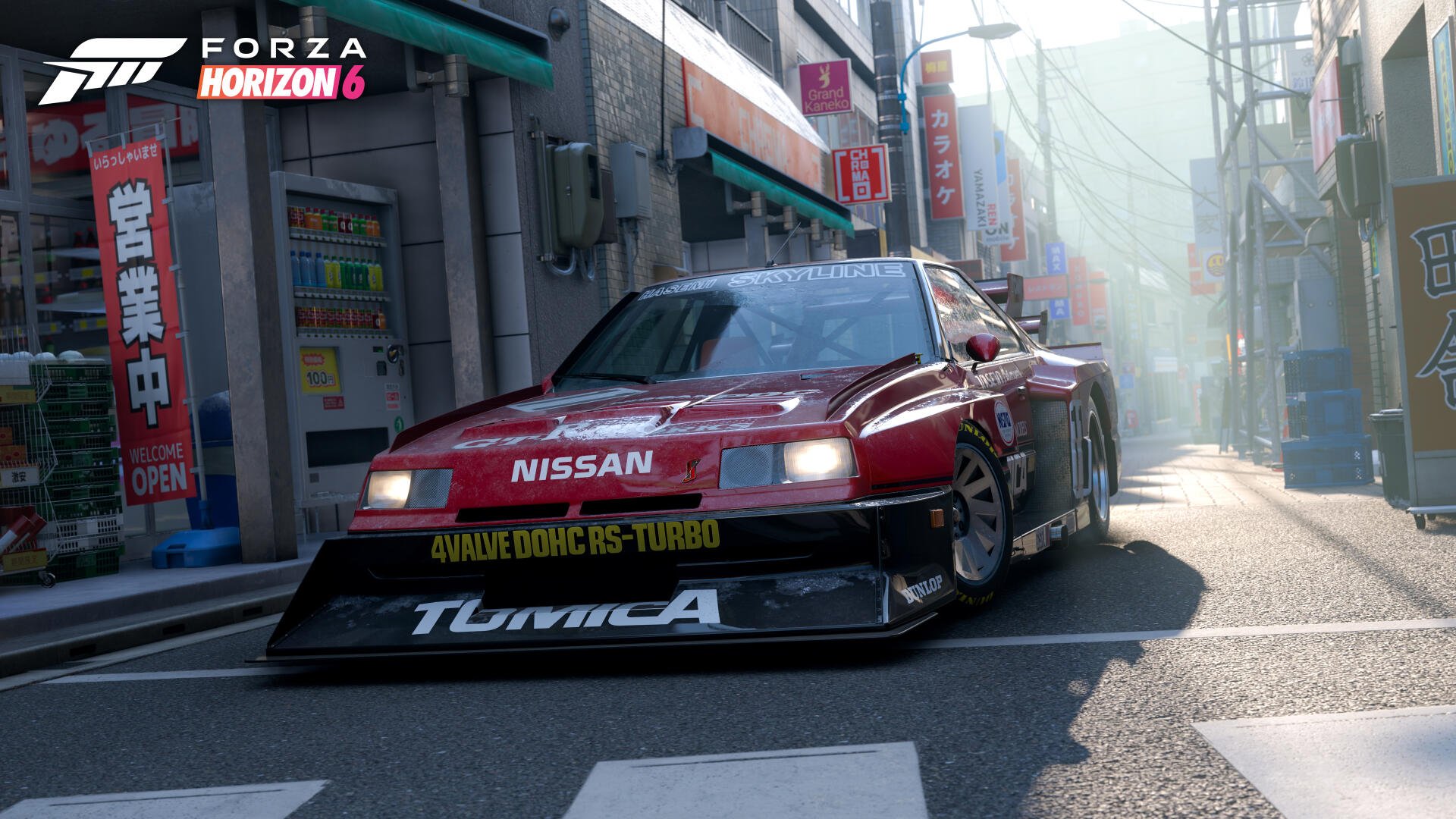 Forza Horizon 6 4K Ultra HD PC wallpaper: red Nissan race car on a sunlit, misty narrow city street with neon shop signs.