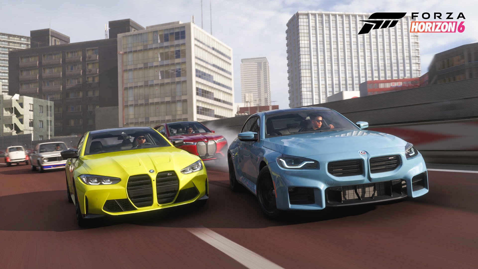 Forza Horizon 6 video game 4K Ultra HD PC desktop wallpaper — high-speed street race with blue and yellow BMWs tearing through a sunlit cityscape.