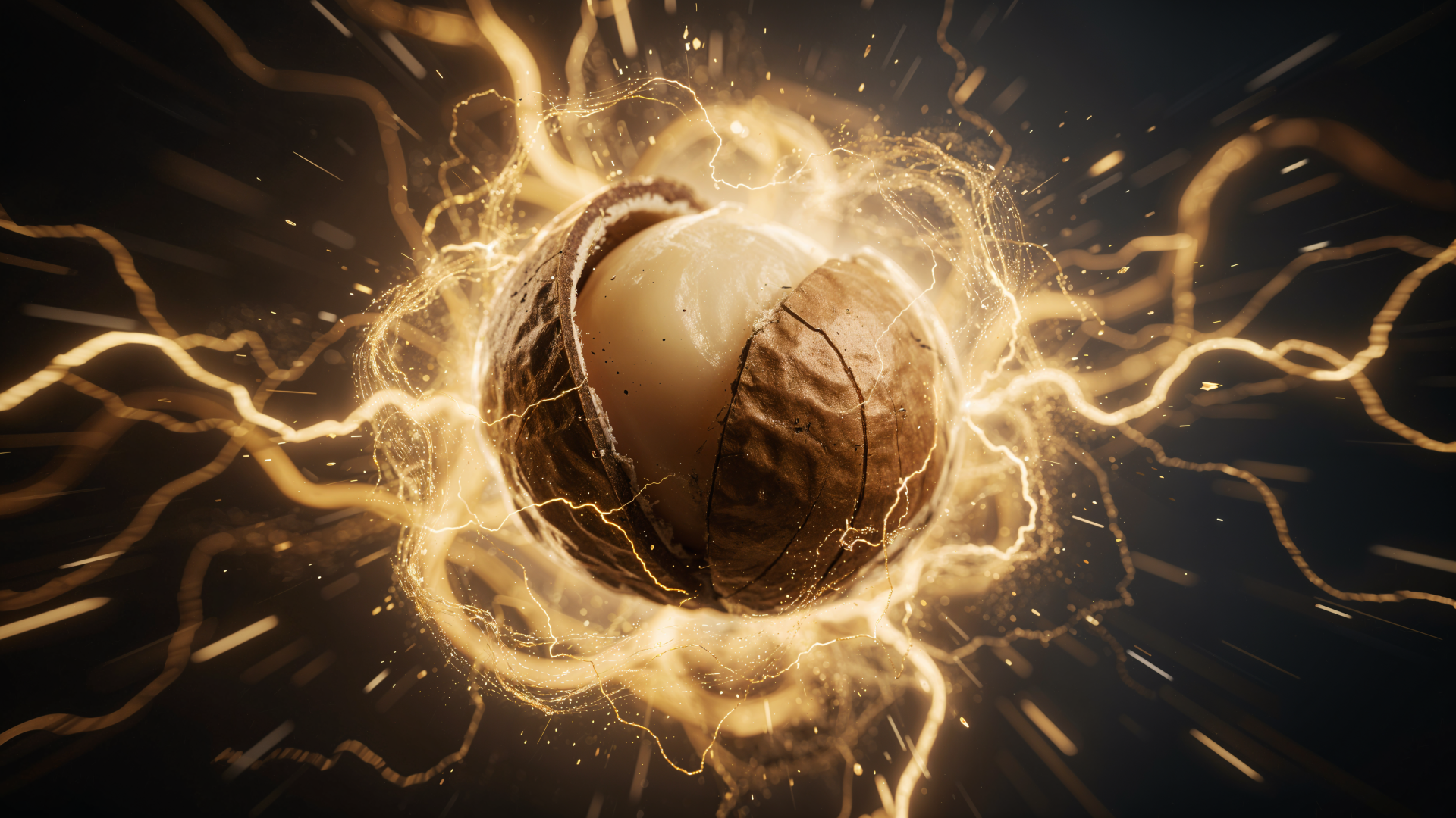 Close-up macadamia nut split open, radiating golden electric arcs and luminous sparks on a dark background — 4K Ultra HD PC Desktop Wallpaper and Background.