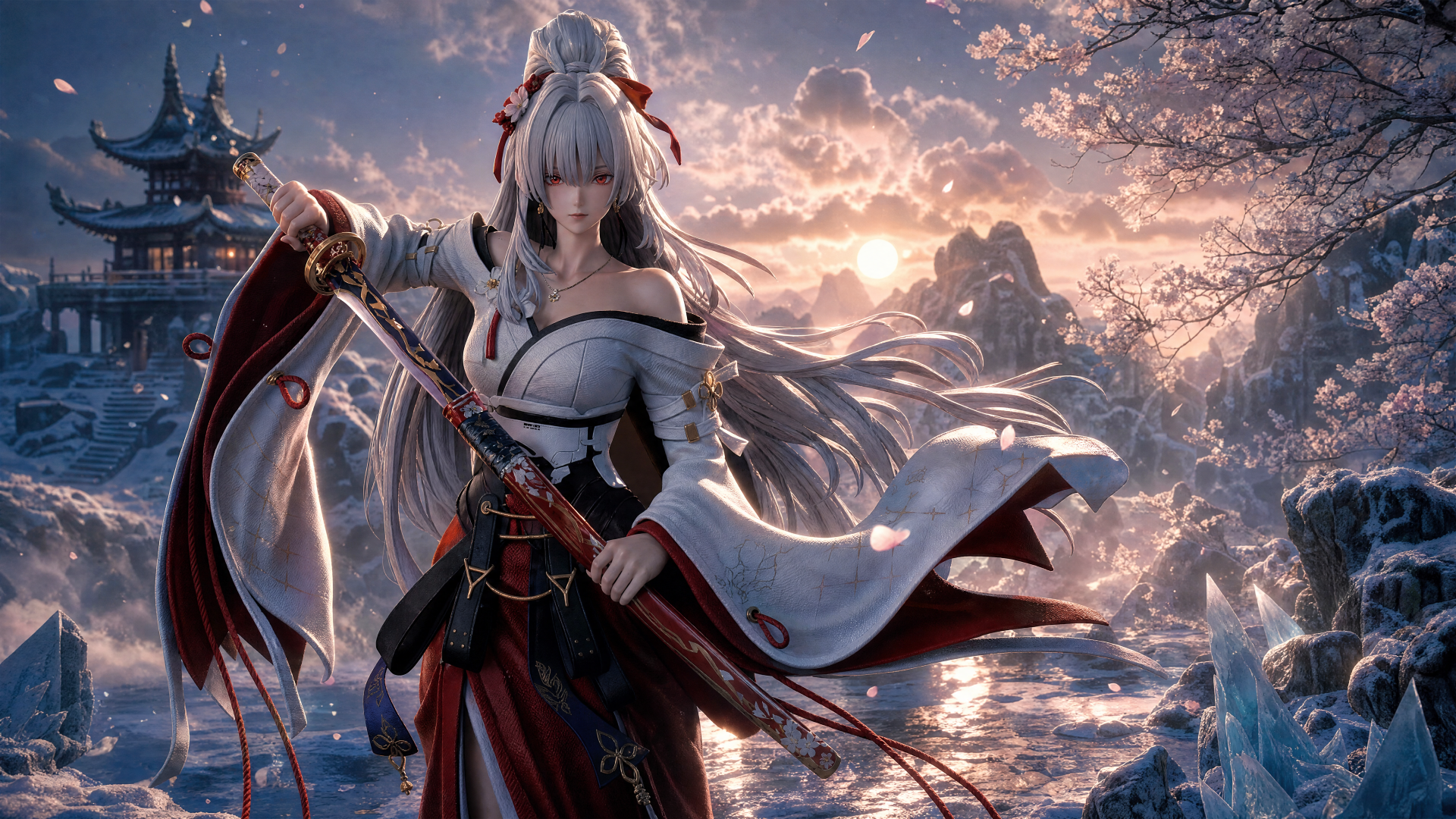 Hiyuki (Wuthering Waves) in flowing white-and-red robes, blade drawn amid snowy pagodas at sunset — 4K Ultra HD PC desktop wallpaper and background.
