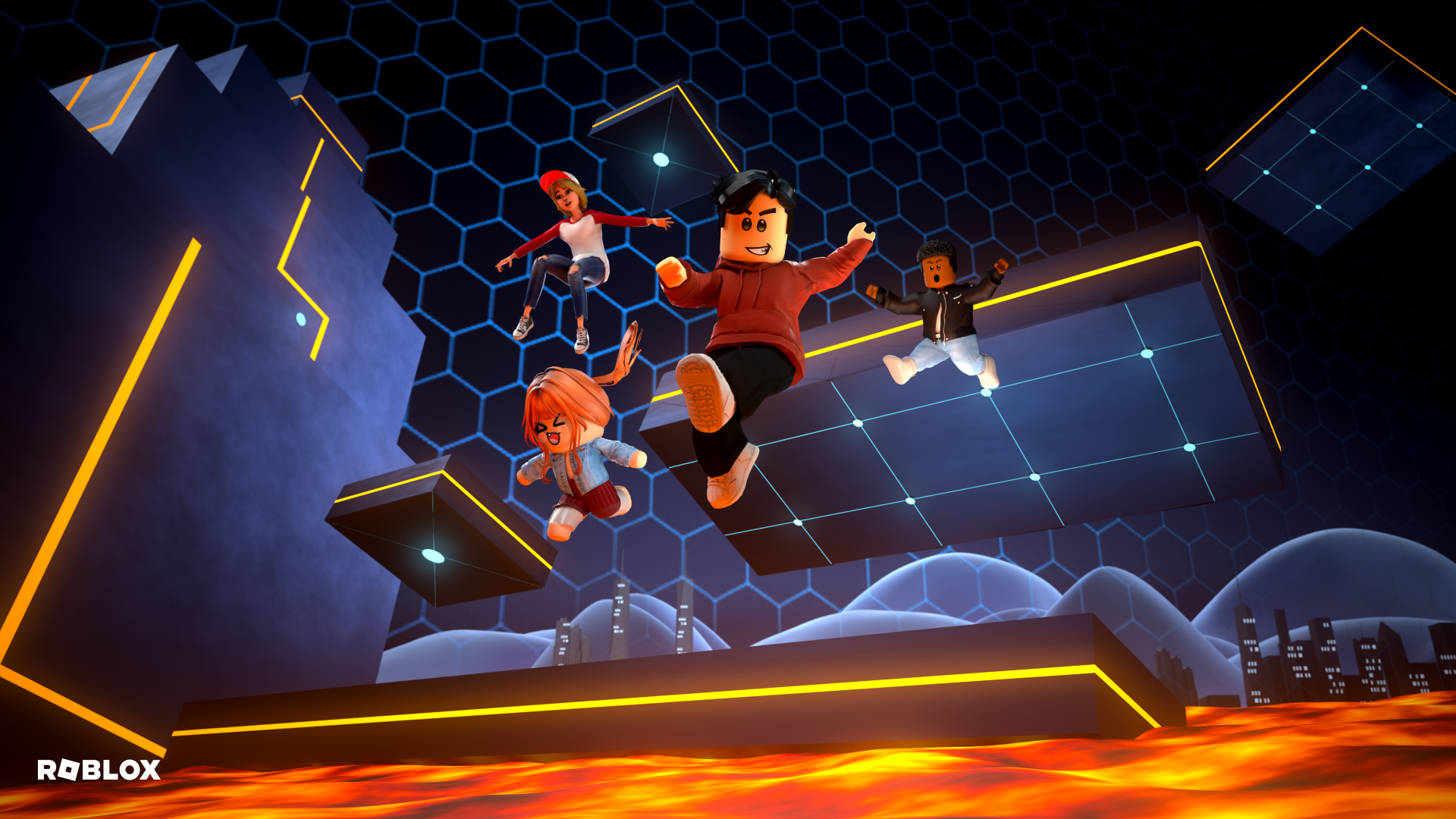 Roblox video game scene: four avatars leap across glowing platforms above molten lava in a neon hex-grid arena — 4K Ultra HD PC desktop wallpaper/background.