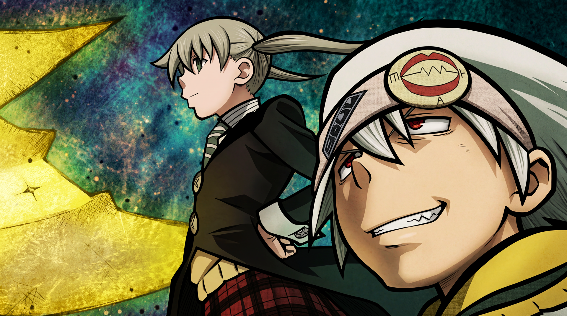 Soul Eater anime 5K UHD wallpaper: Soul Evans smirks in the foreground while Maka Albarn stands behind against a starry cosmic backdrop and stylized yellow moon.