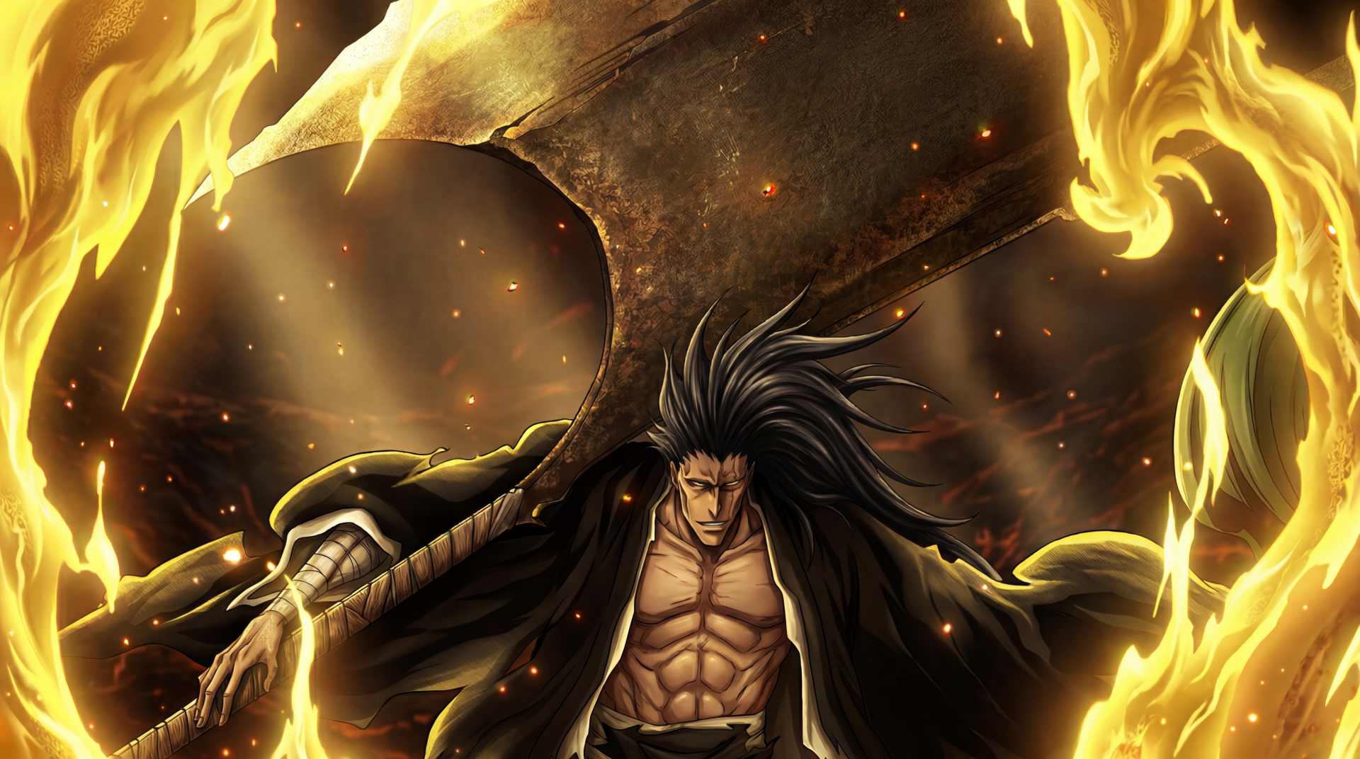 Kenpachi Zaraki (Bleach: Thousand-Year Blood War) anime 5K Ultra HD PC wallpaper: muscular, scarred warrior with long hair wielding a giant axe amid swirling golden flames.