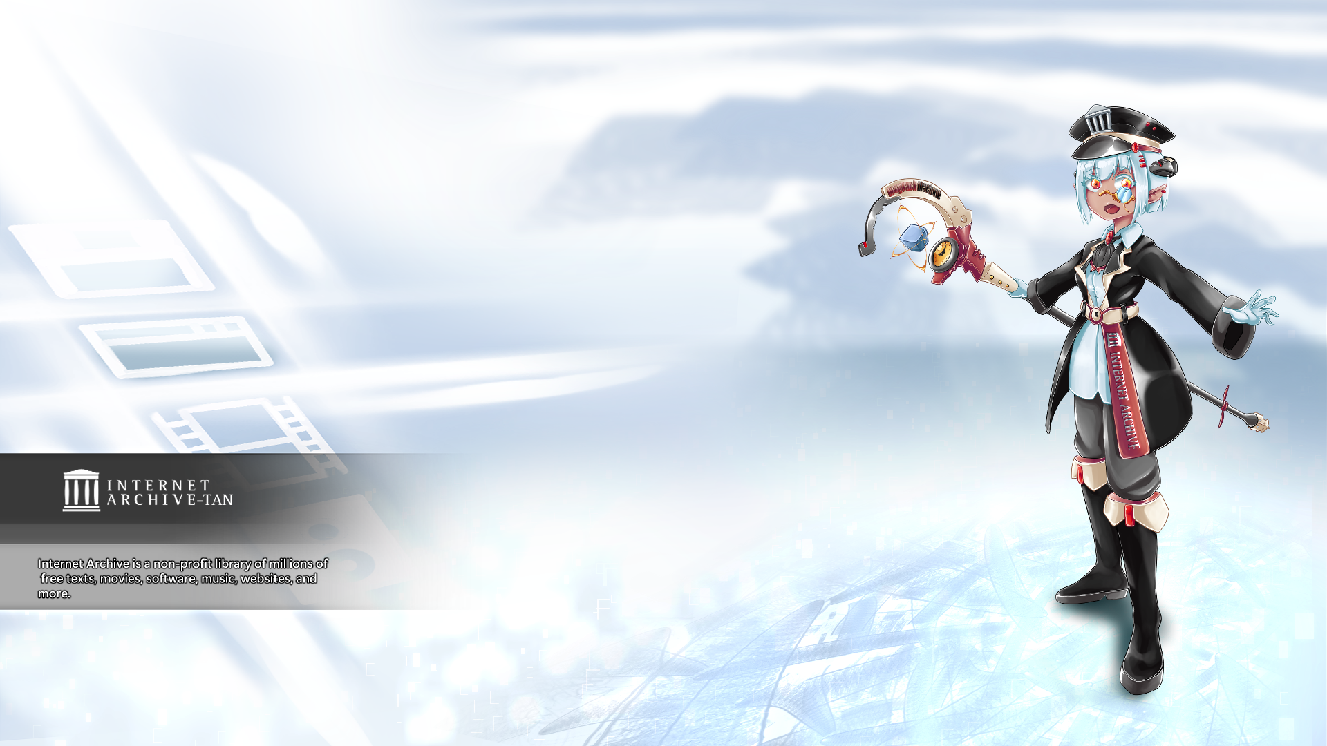 HD PC desktop wallpaper: anime art illustration of a moe anthropomorphism of the Internet Archive — blue-haired girl in a futuristic uniform holding a data disc against a soft tech background.