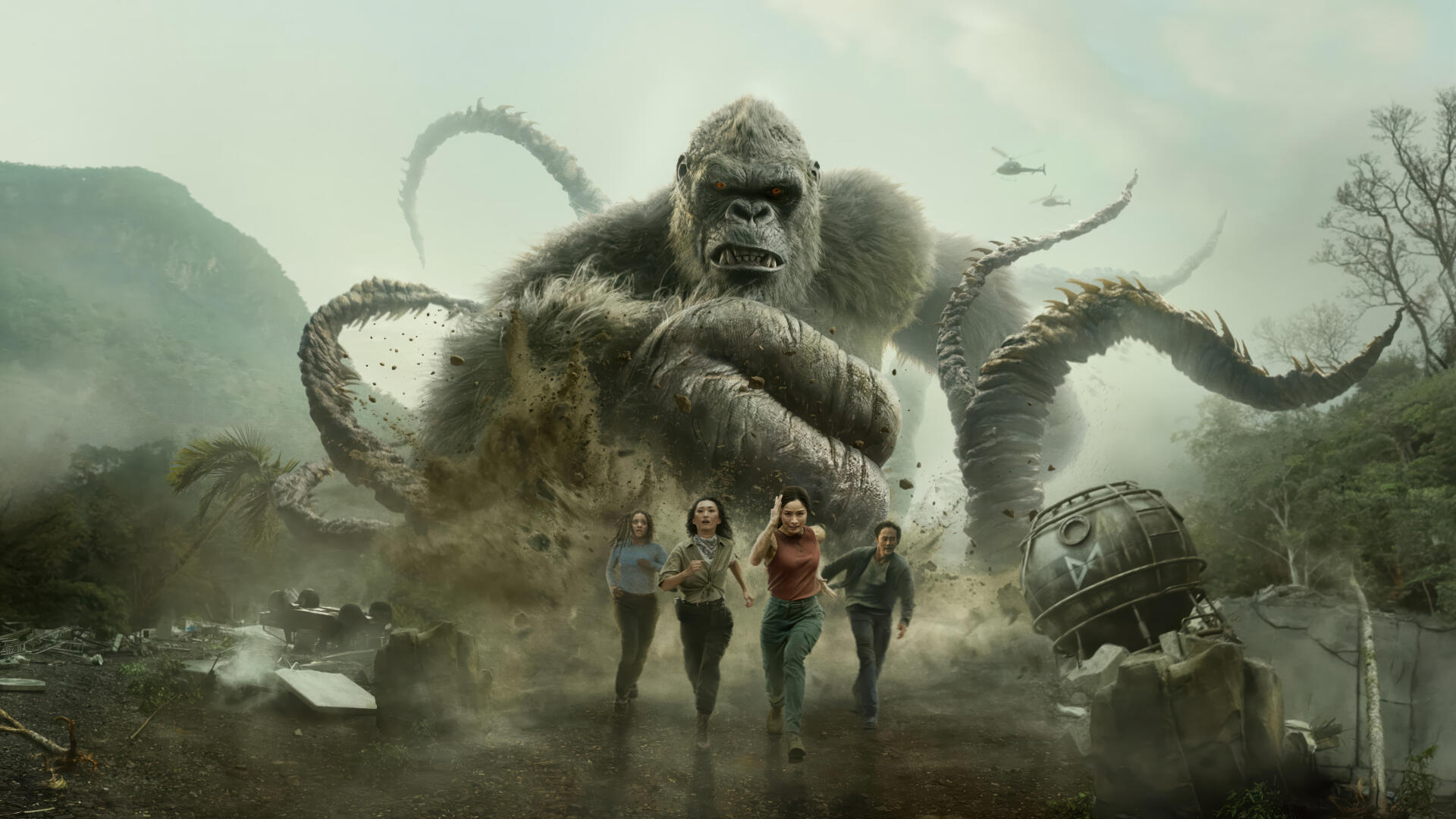 Monarch: Legacy of Monsters 4K Ultra HD PC desktop wallpaper and background — a colossal tentacled ape looming over four running survivors amid wreckage and aircraft.