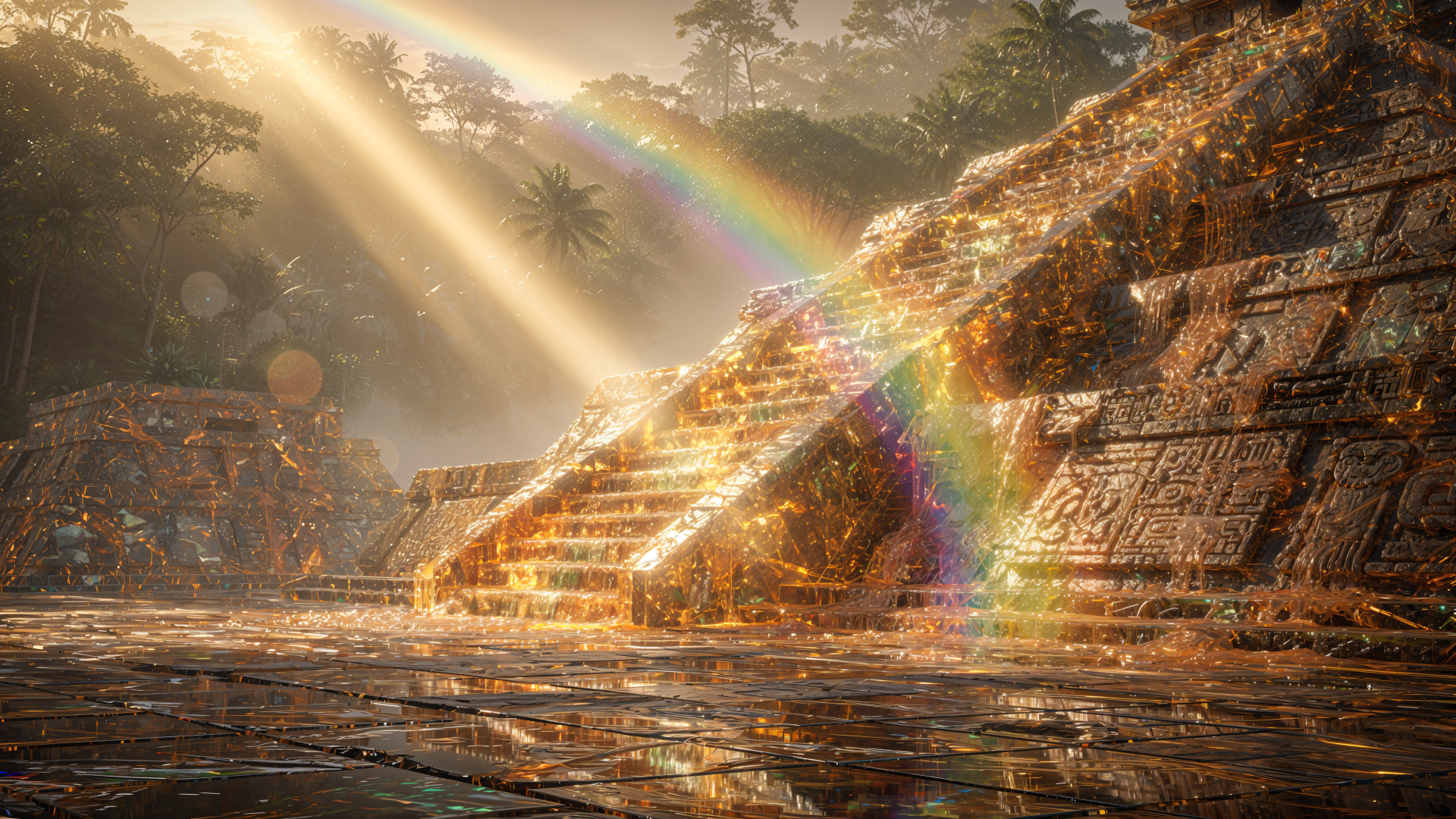 4K Ultra HD PC desktop wallpaper: sunlit ancient Maya pyramid and jungle ruins, golden beams and a vivid rainbow reflecting off wet stone terraces.