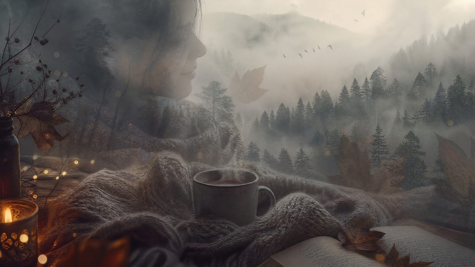 Cozy knit sweater and steaming mug on a windowsill overlooking misty pine mountains and flying birds — 4K Ultra HD PC desktop wallpaper evoking sweater weather.