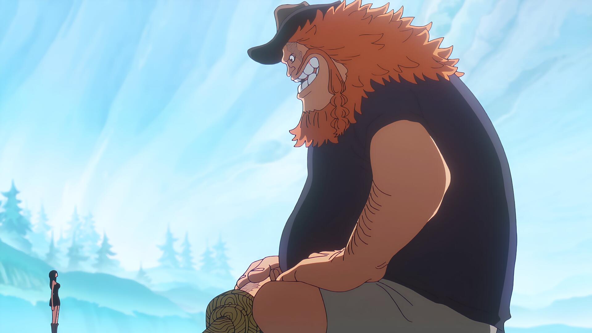 One Piece 4K PC desktop wallpaper: giant Jaguar D. Saul sits on a snowy shore smiling while Nico Robin stands nearby under a glowing blue sky.