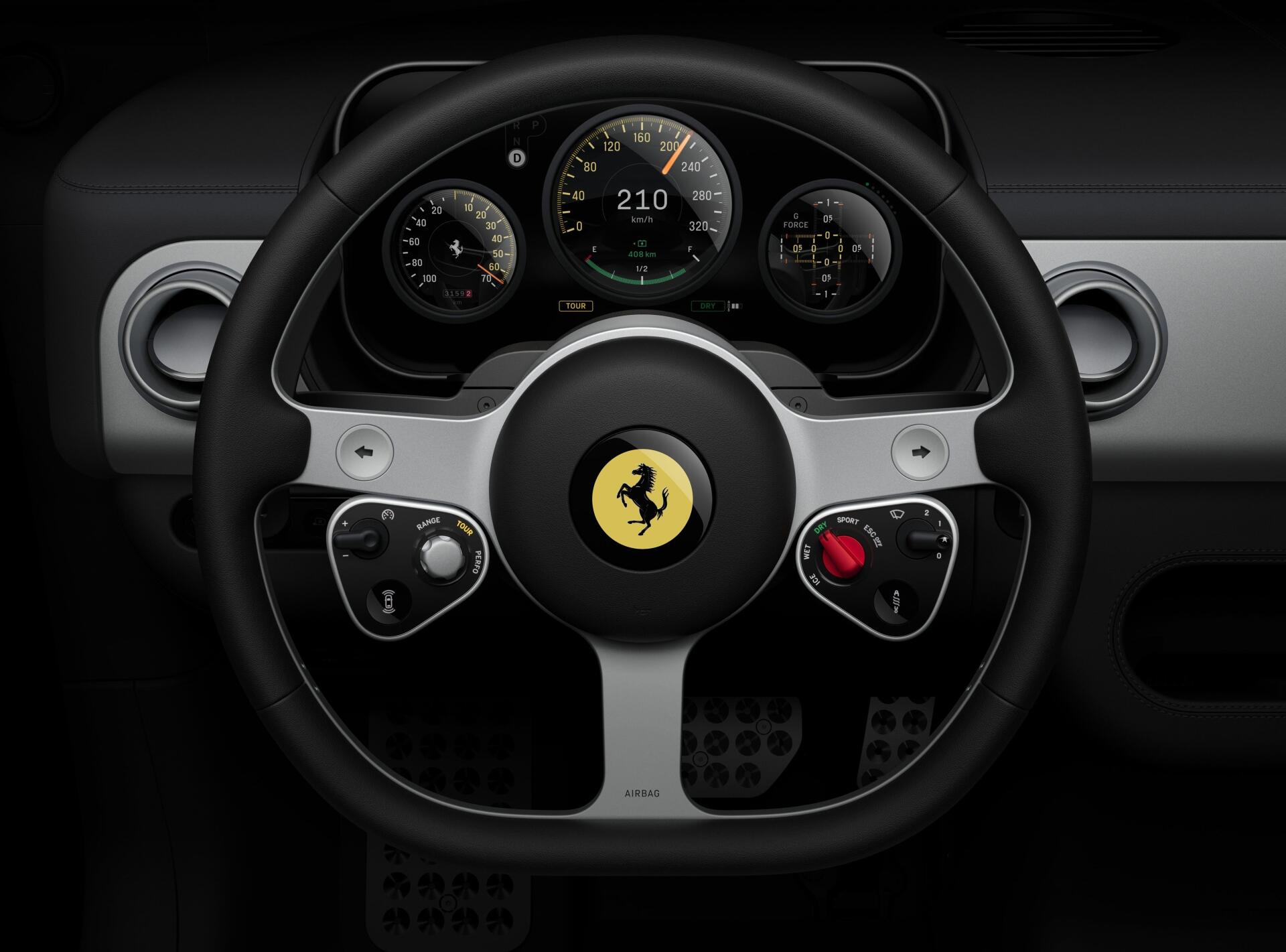 Ferrari Luce vehicle steering wheel with prancing horse emblem and illuminated dashboard gauges — 4K Ultra HD PC desktop wallpaper/background.