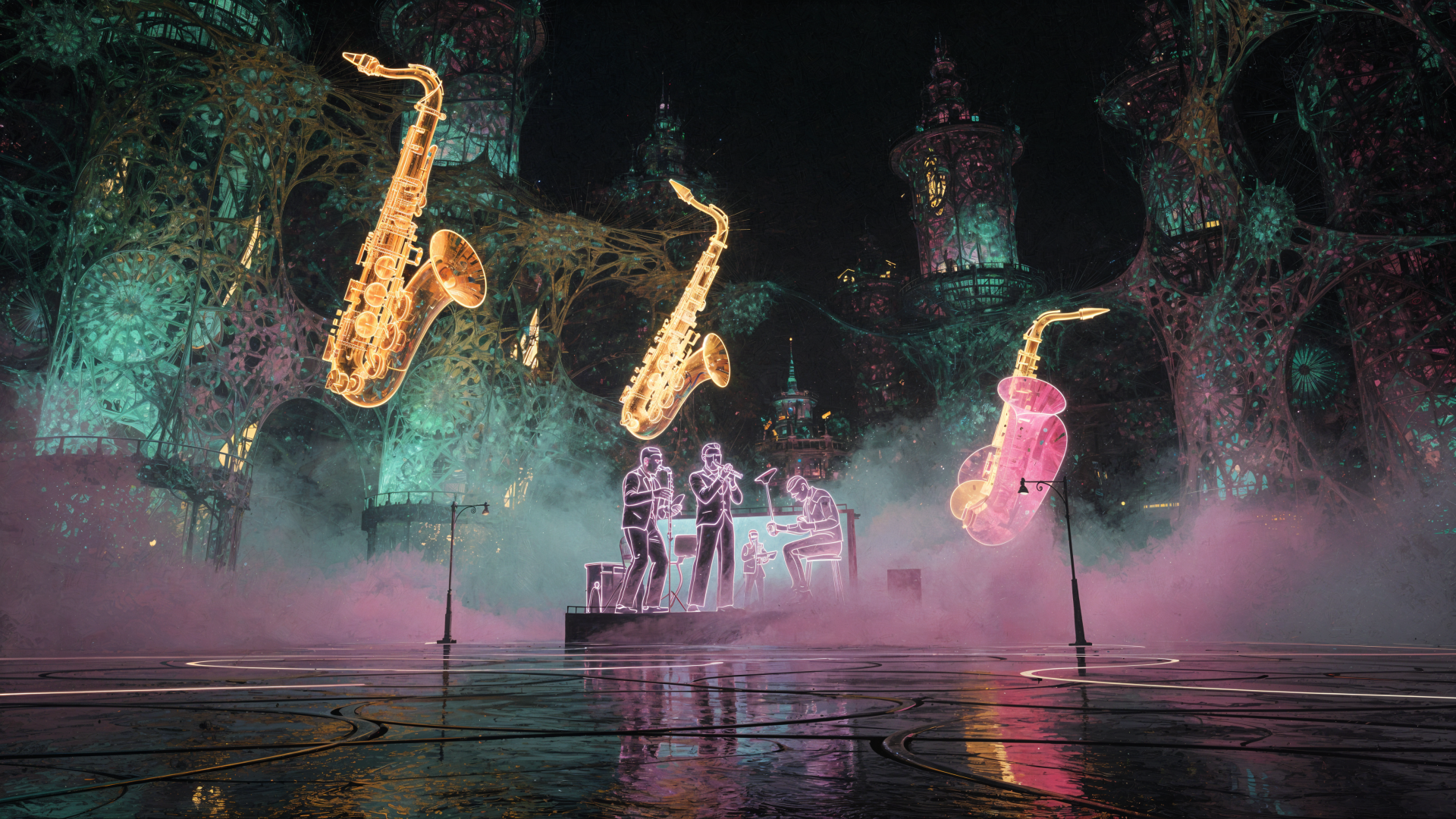 Vaporjazz 4K Ultra HD PC desktop wallpaper: neon vaporwave jazz scene with glowing floating saxophones and a silhouetted trio on a misty, reflective cavern stage.