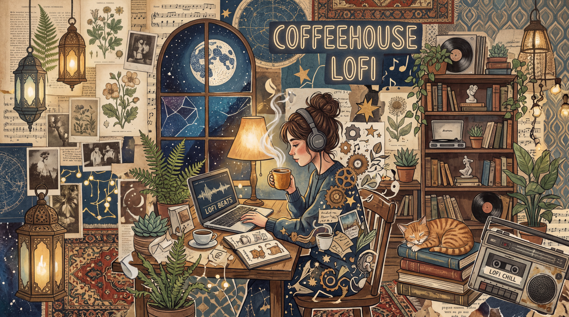 Cozy coffeehouse lofi scene: person with headphones at a cluttered desk with laptop, books, plants and cat by a moonlit window — 5K Ultra HD PC wallpaper.