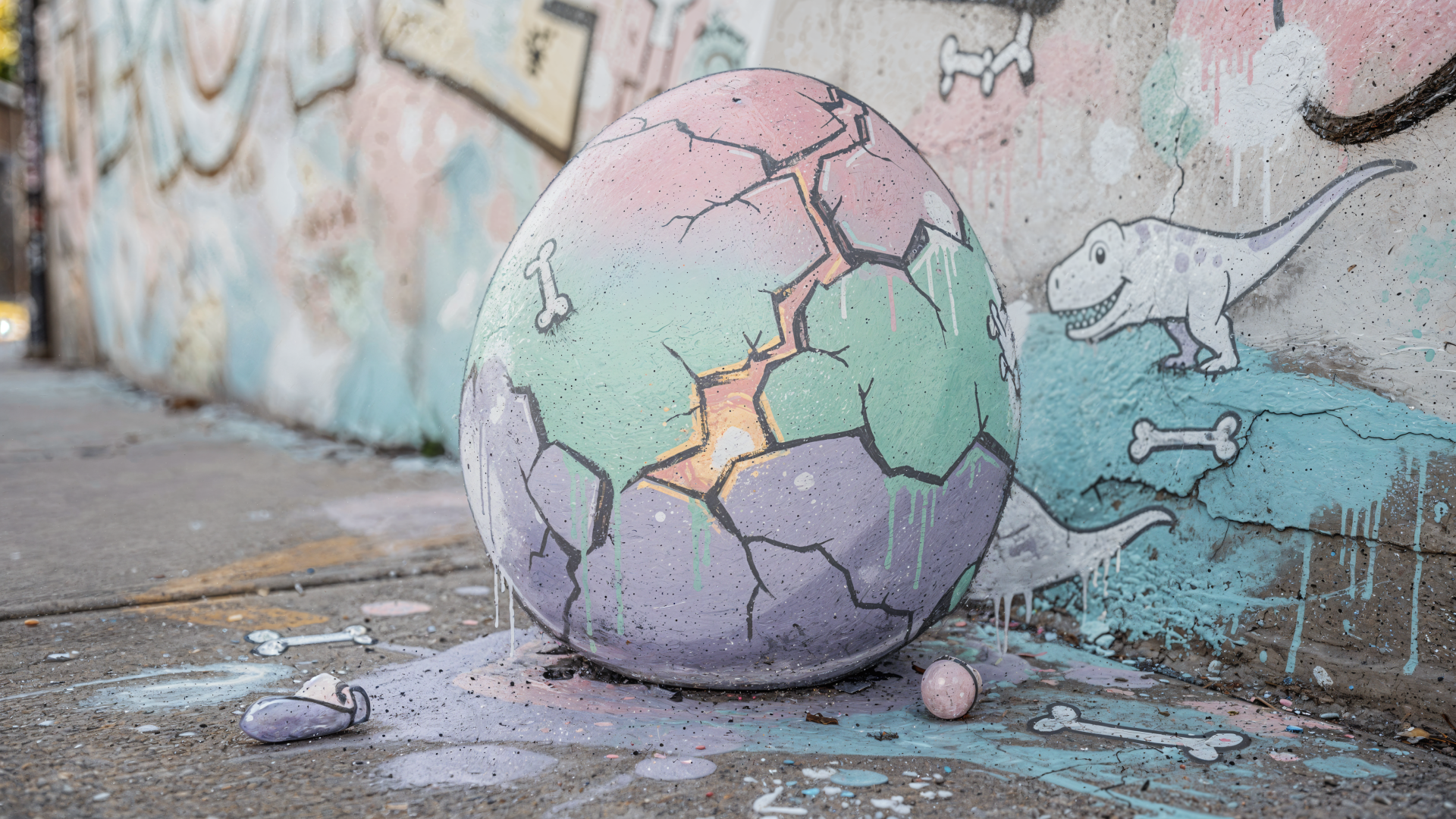 Cracked pastel dinosaur egg street art against a graffiti wall, rendered as a 4K Ultra HD PC desktop wallpaper and background.