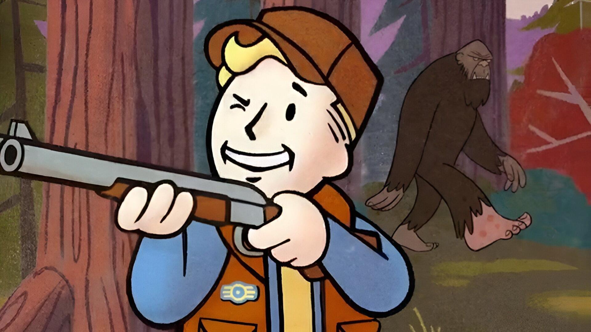 Vault Boy winking and aiming a shotgun in a forest while a Bigfoot-like figure flees — Fallout 76 video game Fallout HD PC desktop wallpaper/background.