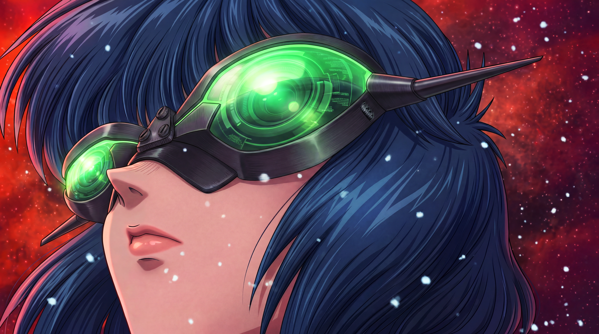 Cyberpunk anime portrait of Motoko Kusanagi from The Ghost in the Shell 2026 — blue-haired waifu with a glowing green visor, 5K Ultra HD PC desktop wallpaper with a starry red nebula backdrop.