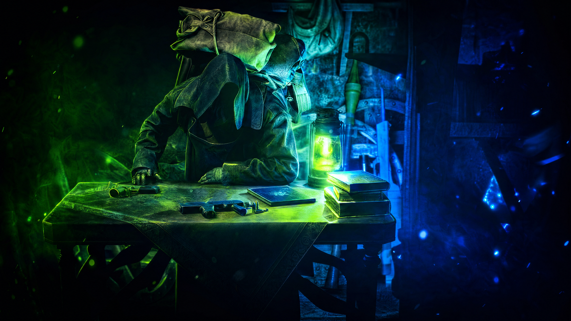 4K Ultra HD PC desktop wallpaper/background of the Merchant (Resident Evil) hunched over a cluttered workbench, green-blue neon light illuminating weapons and supplies.