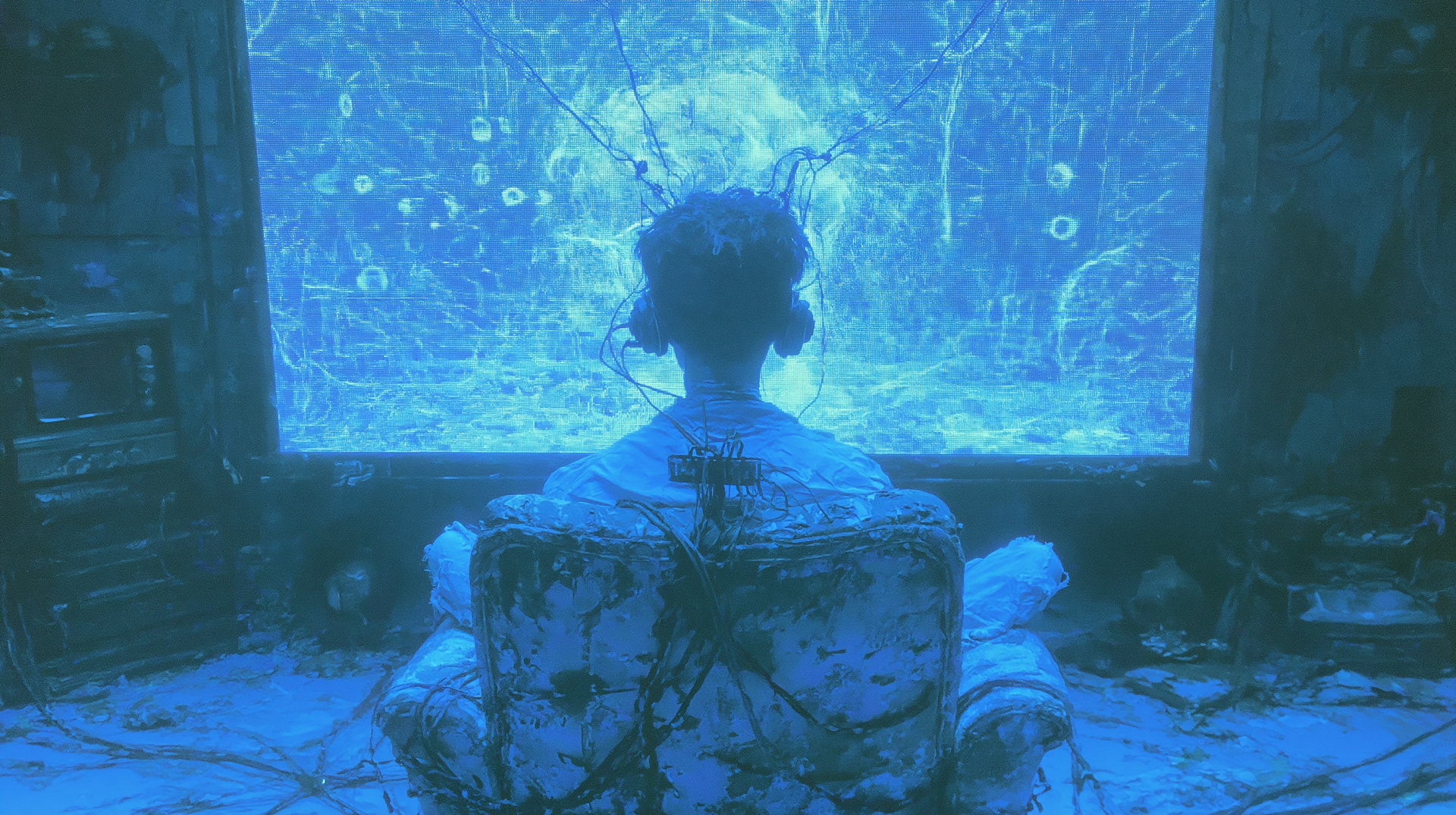 Sci‑fi nostalgia 2K Quad HD PC desktop wallpaper: lone figure with headphones and tangled cables sits facing a cracked, glowing blue screen in a retro‑futuristic room.