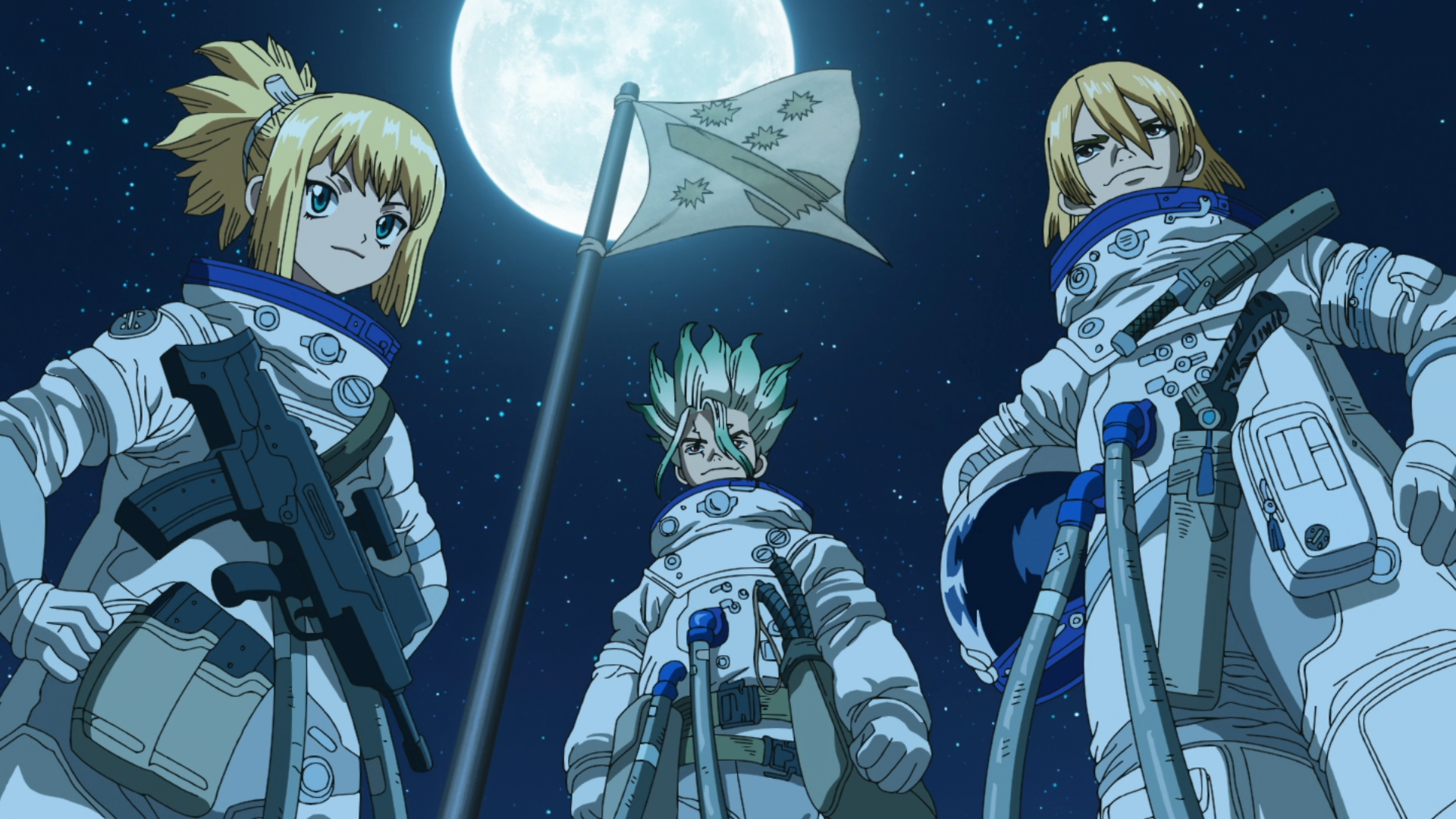 HD PC desktop wallpaper of Dr. Stone anime: Kohaku, Senku Ishigami, and Ryusui Nanami in white space suits standing by a planted flag beneath a full moon.