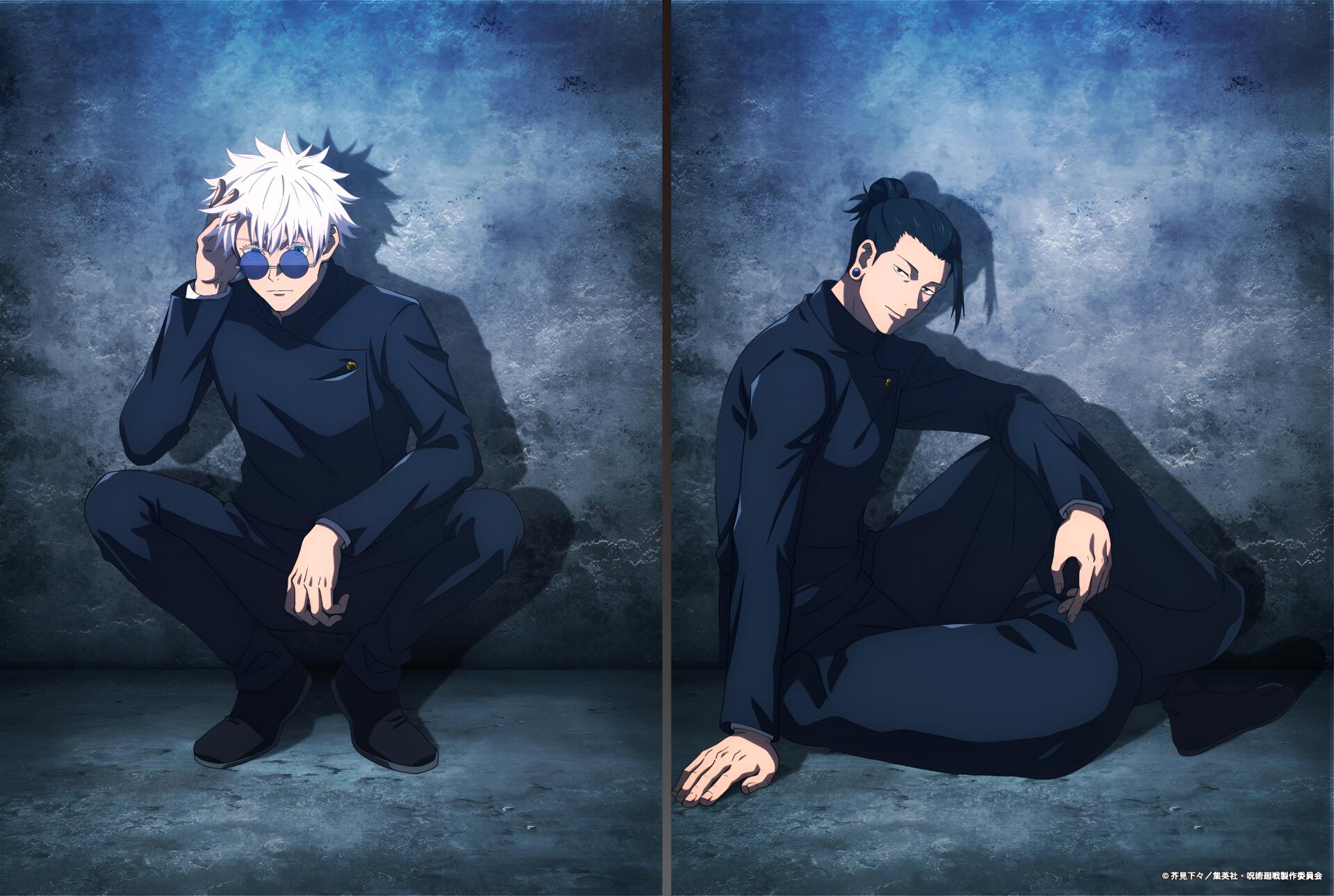2K Quad HD Jujutsu Kaisen PC wallpaper: Satoru Gojo (white hair, sunglasses) and Suguru Geto in dark outfits seated against a moody blue-gray textured wall.