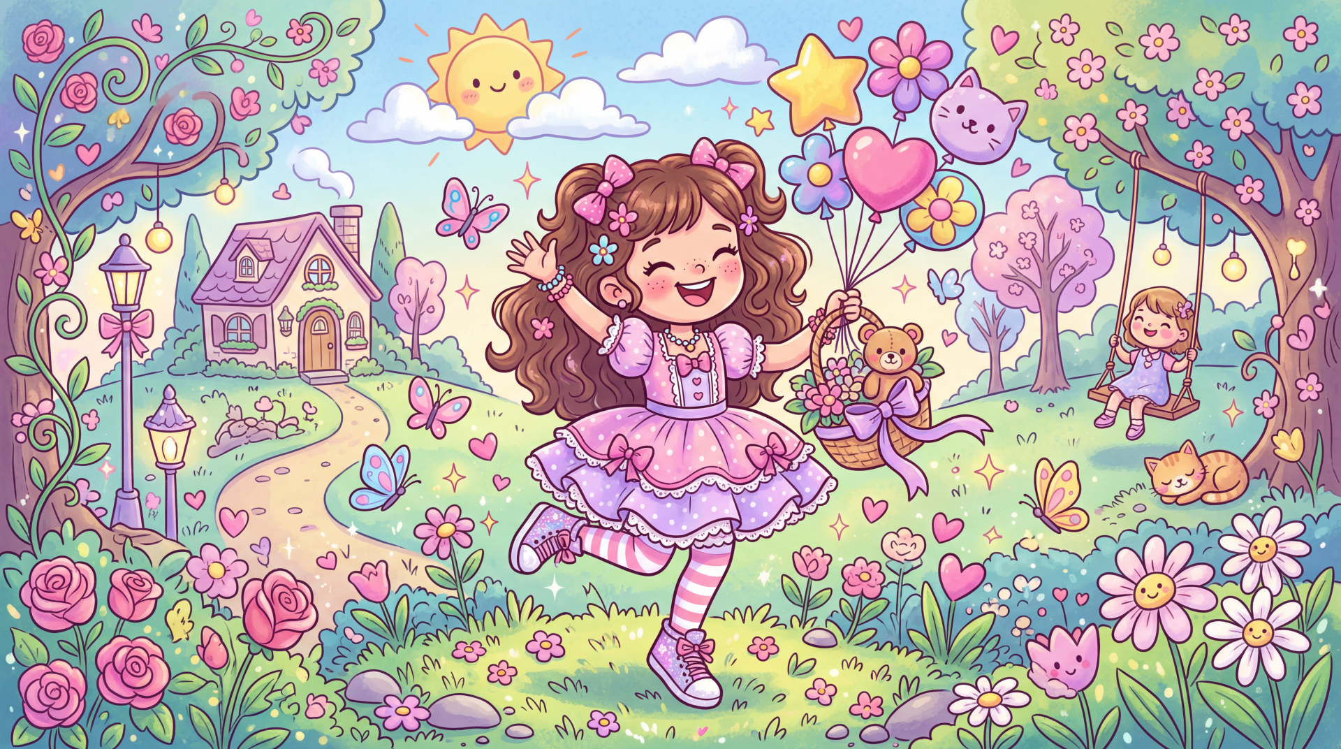 Girly 5K Ultra HD PC desktop wallpaper: pastel fairy-tale meadow with a smiling girl in a frilly dress holding heart balloons, surrounded by flowers, playful pets and cottages.