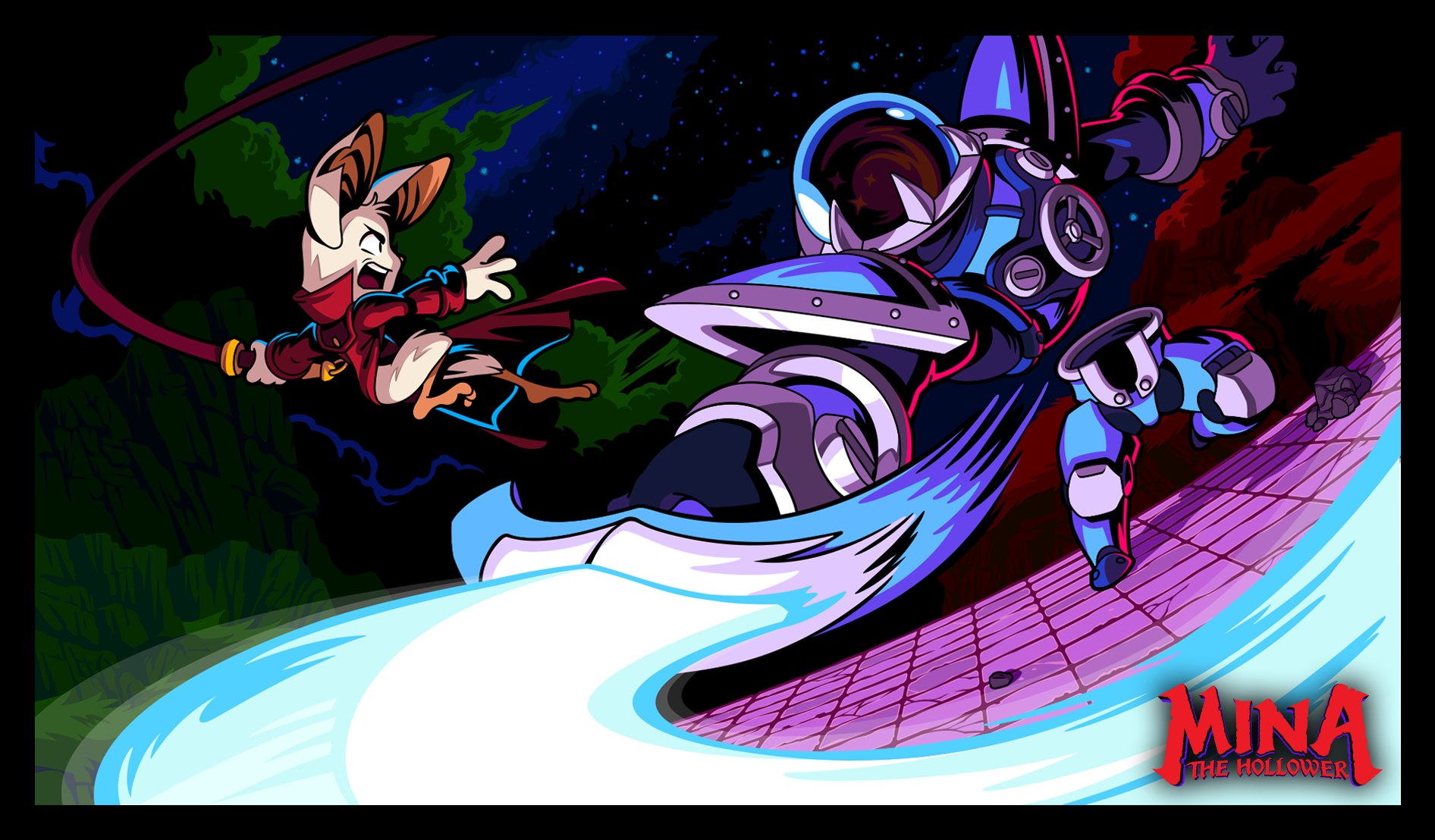 Video game HD PC desktop wallpaper and background: Minna The Hollower — armored hero slashes an energy trail across a night sky while a masked mouse leaps.