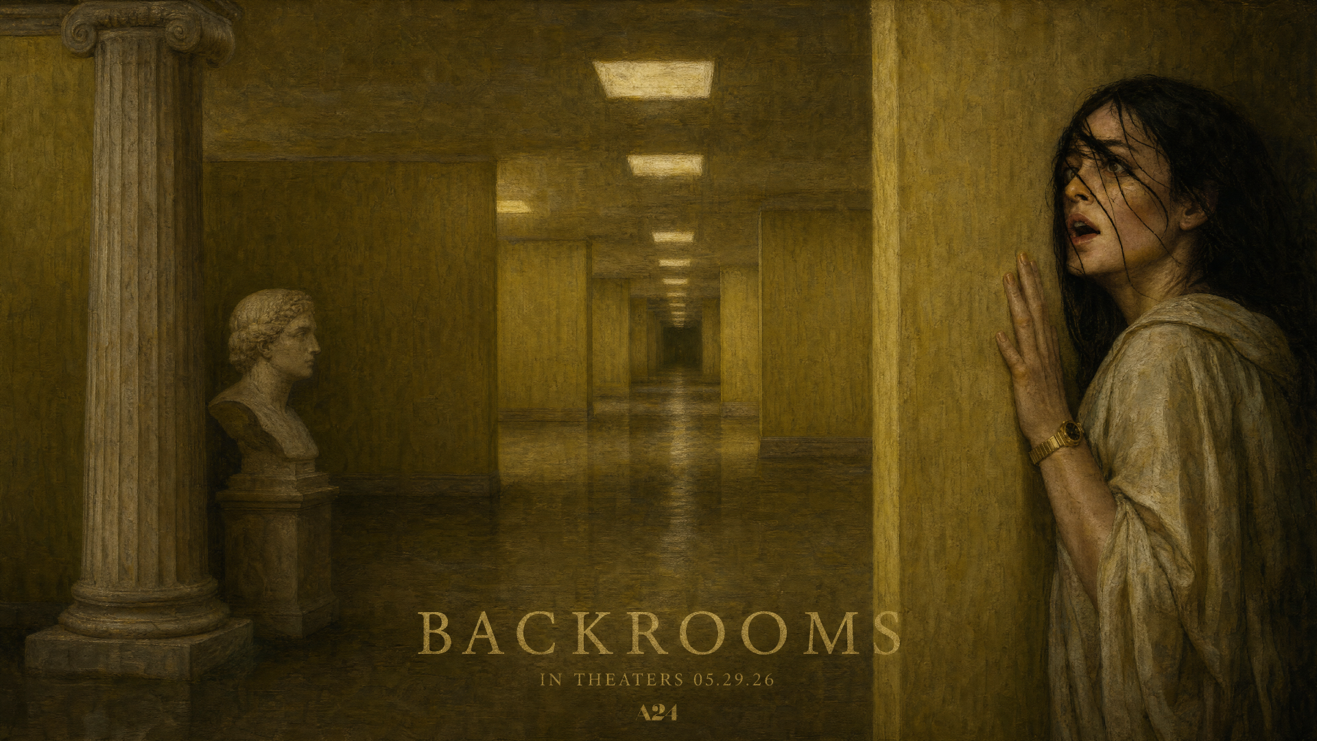 Backrooms — 4K Ultra HD PC desktop wallpaper/background: dim yellow endless corridor lined with classical busts, a terrified woman pressed against the wall.