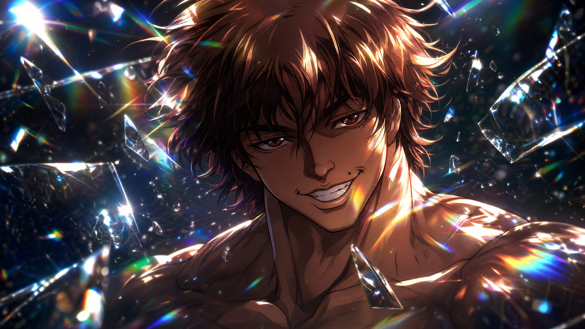 Baki Hanma grinning fiercely amid shattered glass, muscular torso lit by prismatic highlights — 4K Ultra HD PC desktop wallpaper and background.