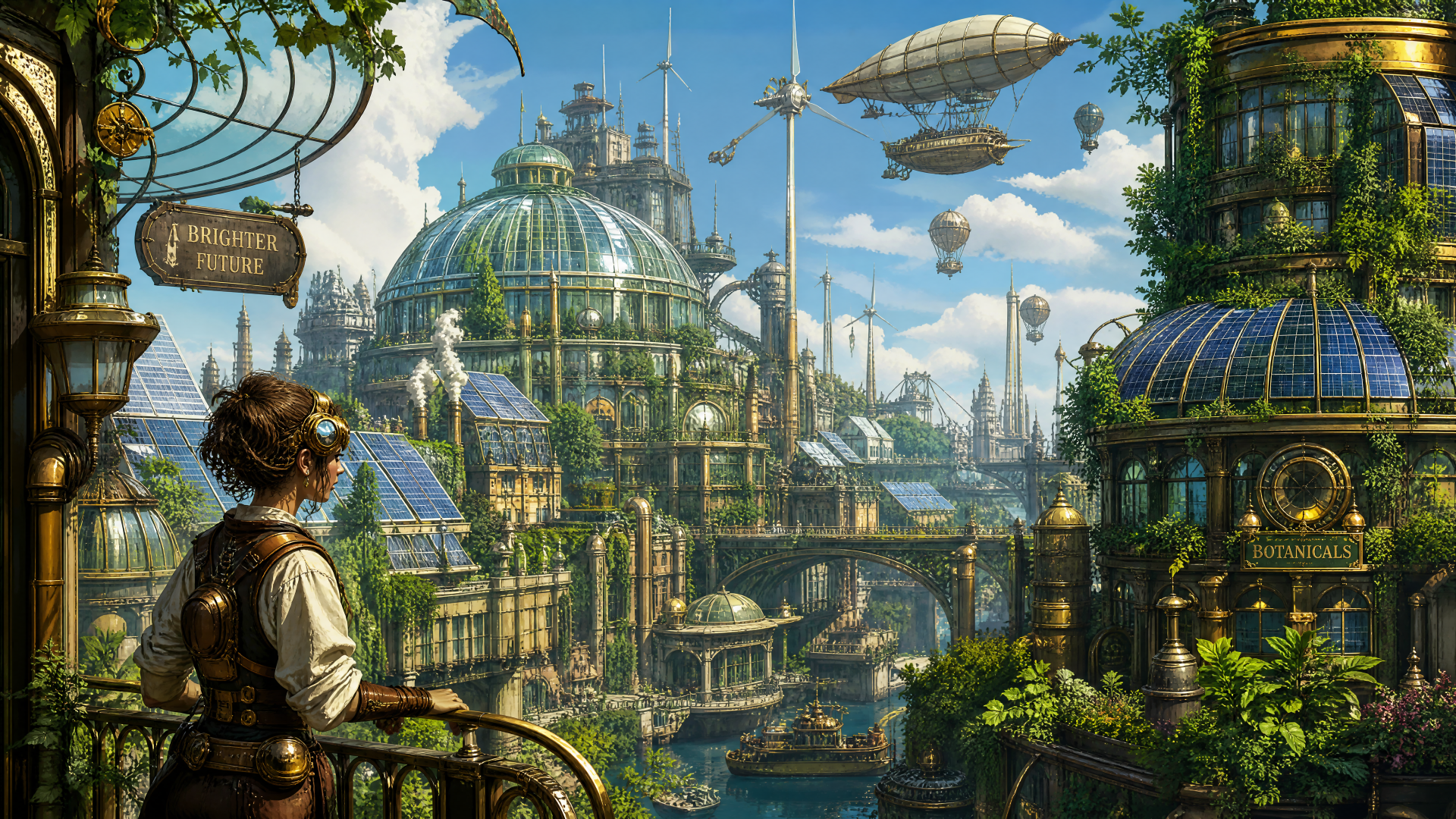 Solarpunk 4K Ultra HD PC desktop wallpaper and background: verdant glass-domed city with rooftop gardens, wind turbines, airships and canals, a person on a balcony observing the scene.