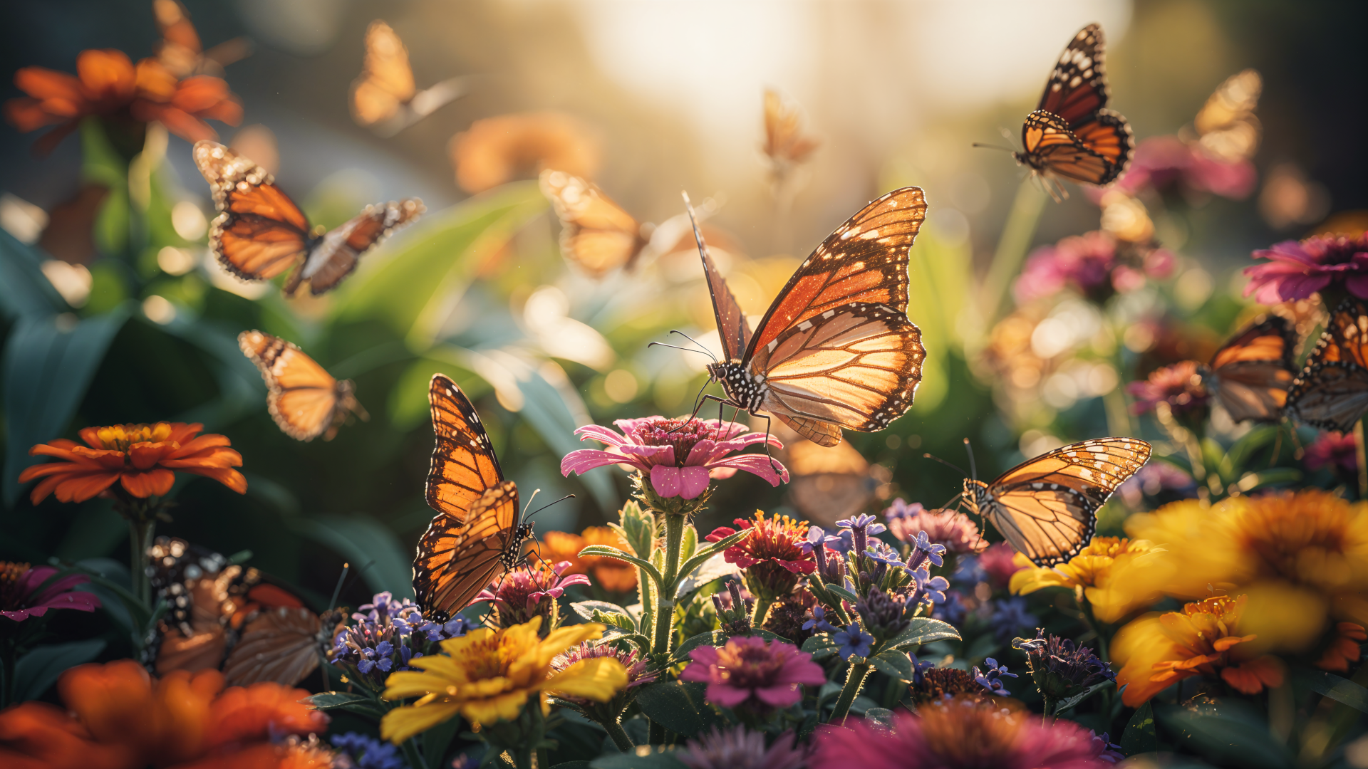 4K Ultra HD PC desktop wallpaper/background: vibrant butterfly garden with orange monarchs fluttering over colorful zinnias and sunlit blooms.
