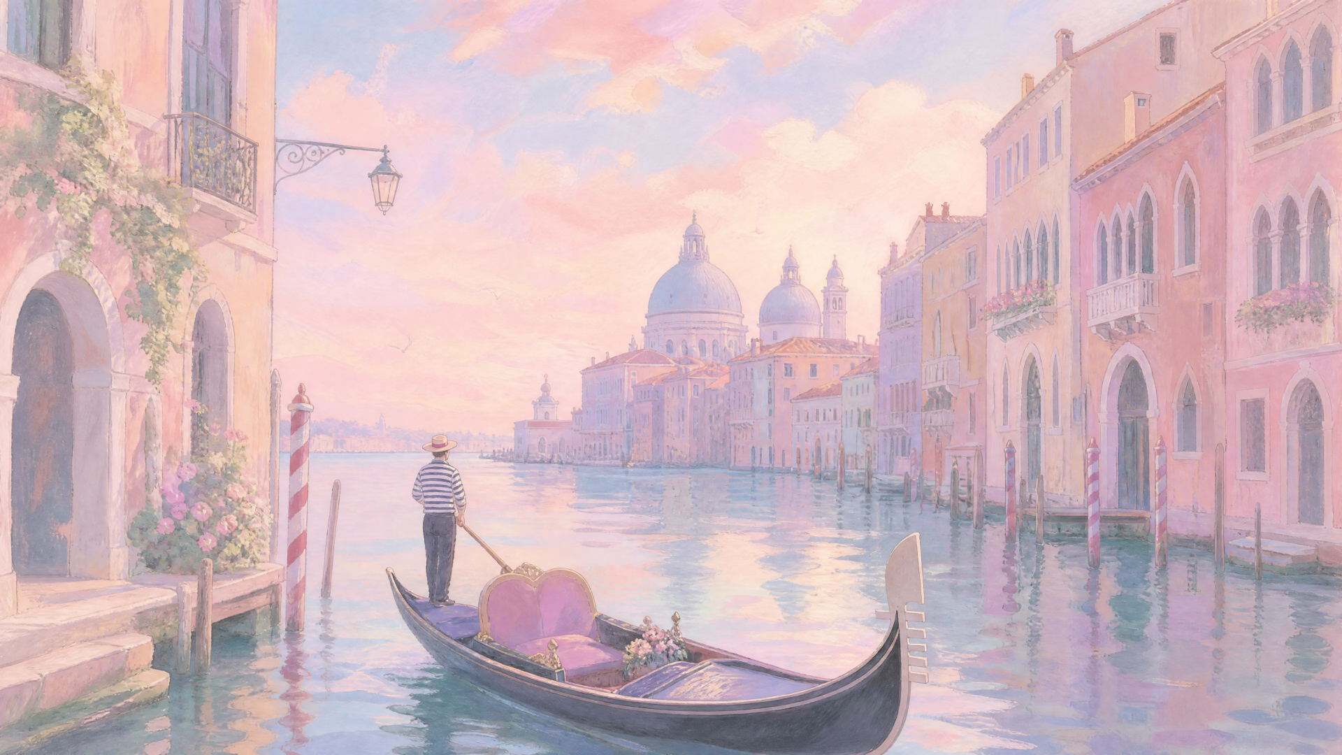 4K Ultra HD PC desktop wallpaper: pastel Venice canal at dawn, a gondola glides by domed basilica and pink palazzi reflected in calm water.