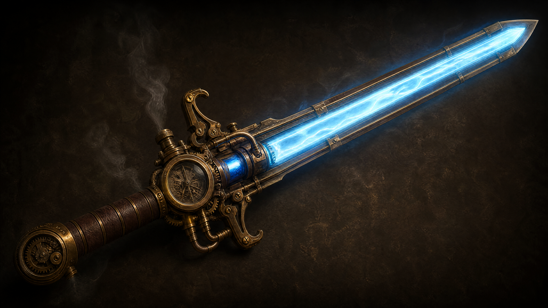 4K Ultra HD PC desktop wallpaper of an ornate steampunk hilt energy sword with a glowing blue plasma blade on a dark textured background.