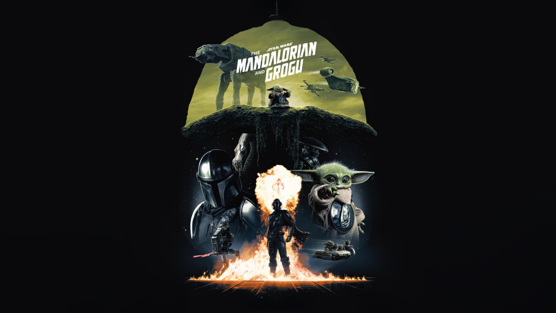 5K Ultra HD PC desktop wallpaper and background showcasing The Mandalorian & Grogu in a dramatic montage: armored Mandalorian, Grogu at his side, and a fiery silhouette on black.