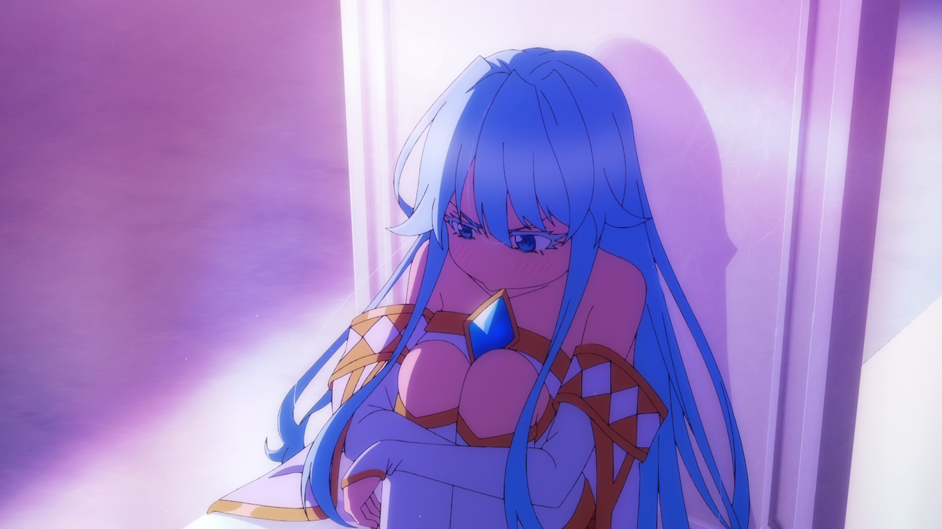 HD PC wallpaper of Elfaria Alvis Serholt from Wistoria: Wand and Sword — blue-haired anime elf in ornate white armor with a central blue gem, leaning against a purple-lit wall
