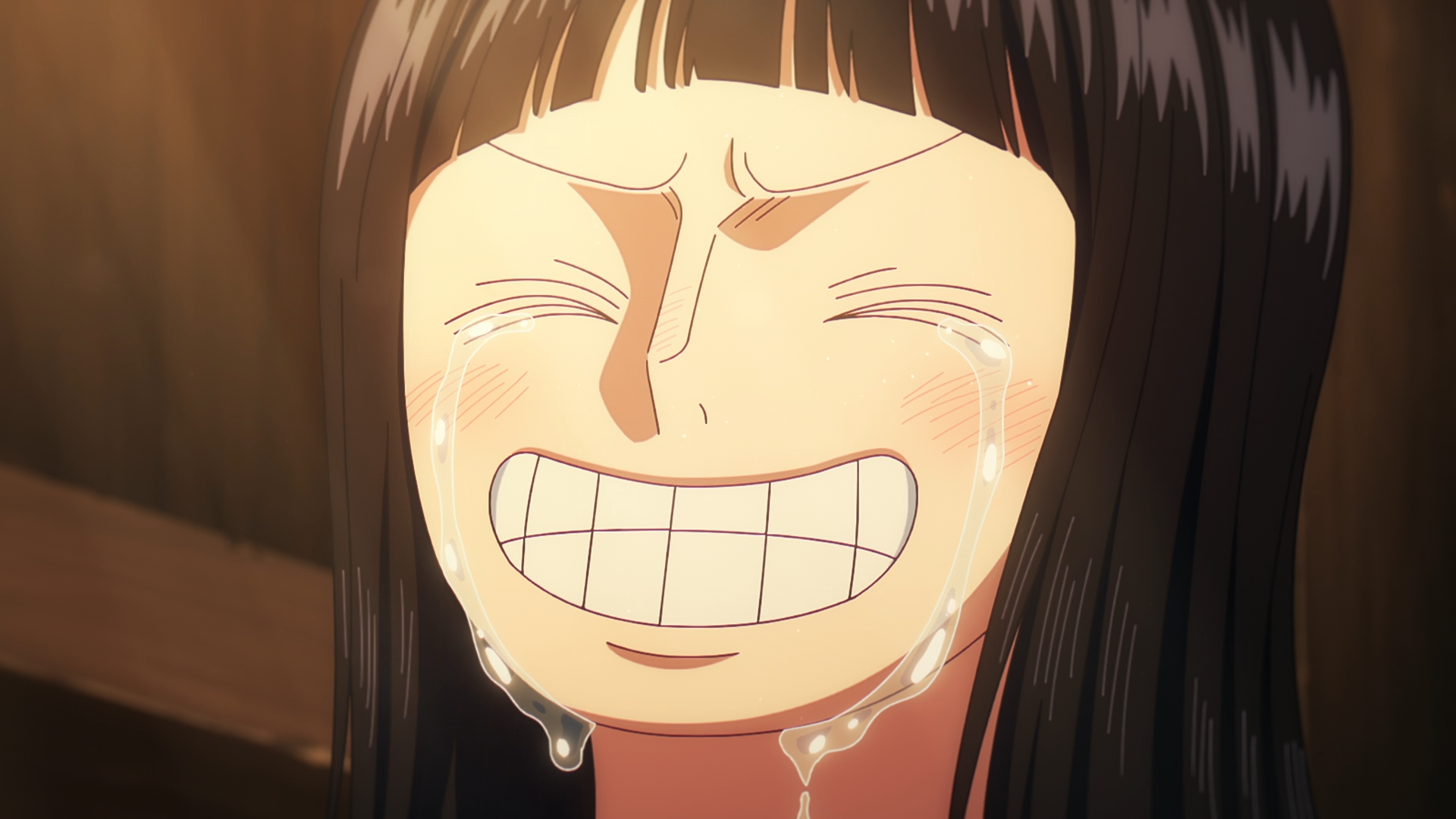 HD PC desktop wallpaper: close-up anime portrait of One Piece's Nico Robin with a forced toothy grin and tears streaming down her cheeks.