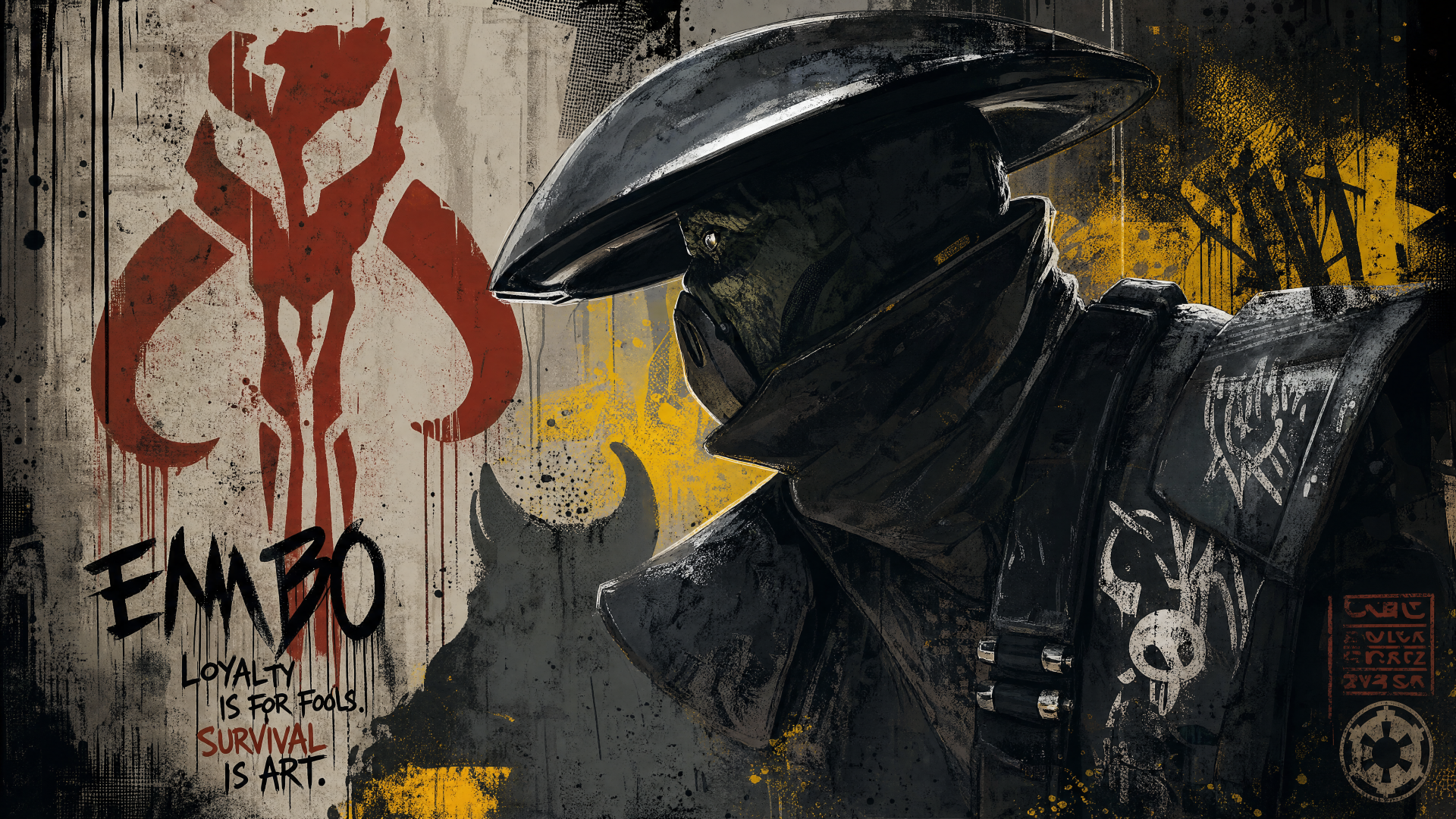 Embo (Star Wars) in a dark cloak and wide-brimmed hat against a graffiti-style background with Mandalorian skull emblem — 4K Ultra HD PC desktop wallpaper/background.